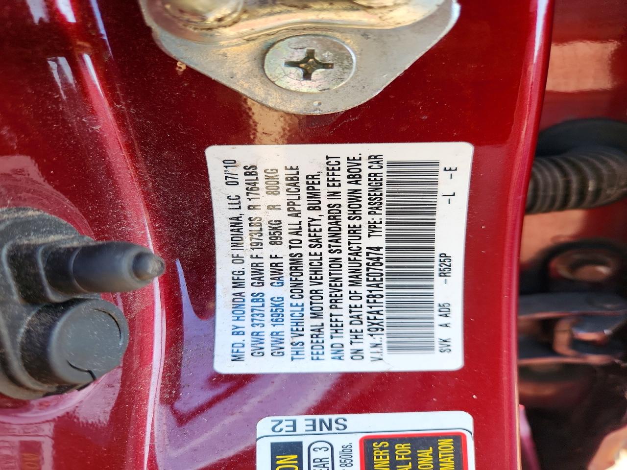 2010 Honda Civic Ex Red vin: 19XFA1F81AE076474