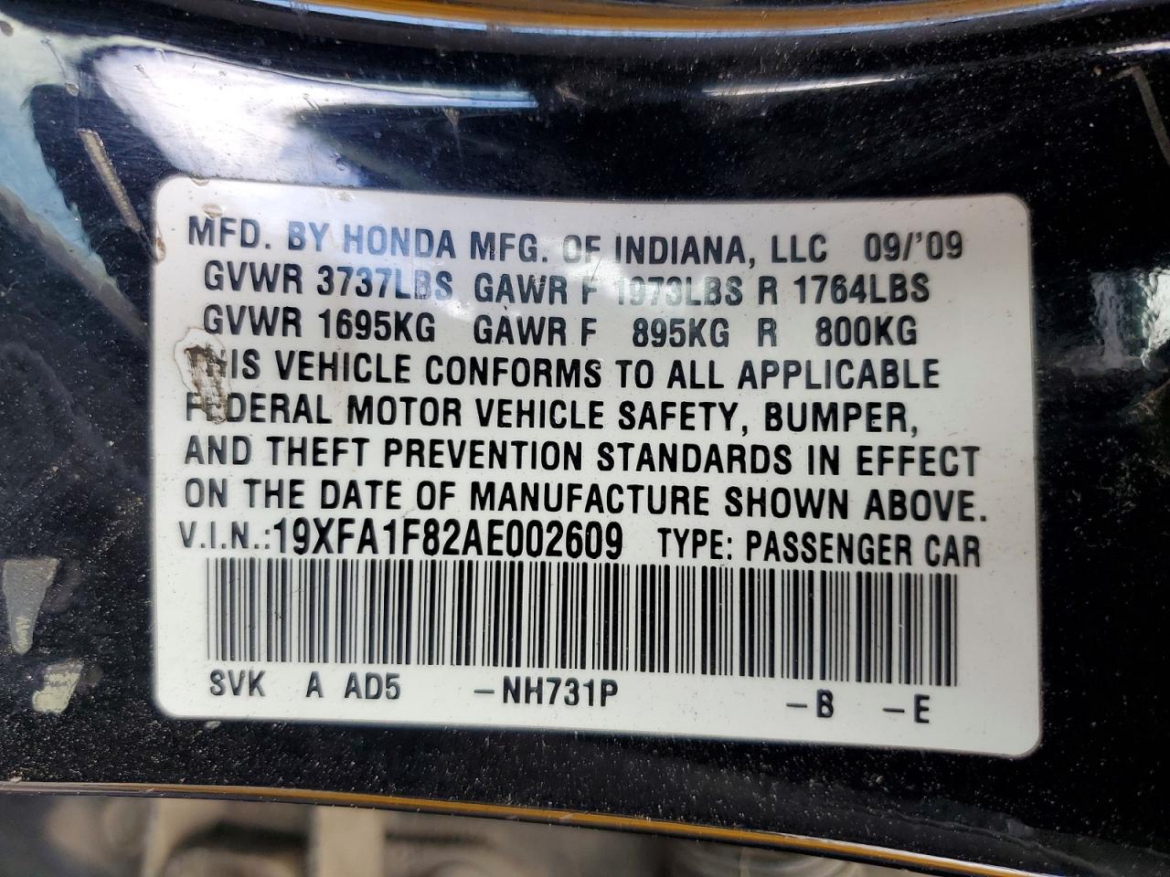 2010 Honda Civic Ex Black vin: 19XFA1F82AE002609