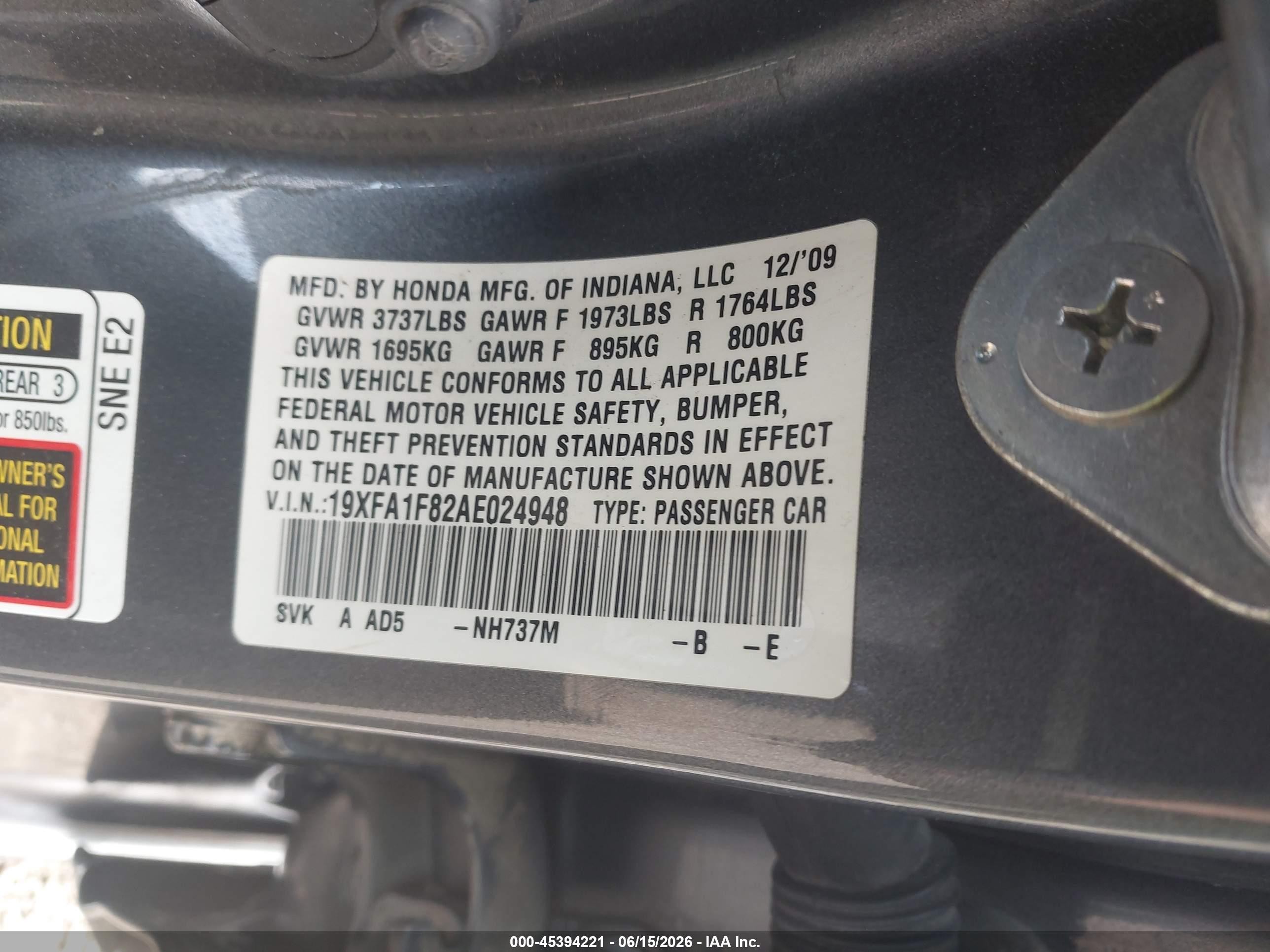 2010 Honda Civic Ex Gray vin: 19XFA1F82AE024948
