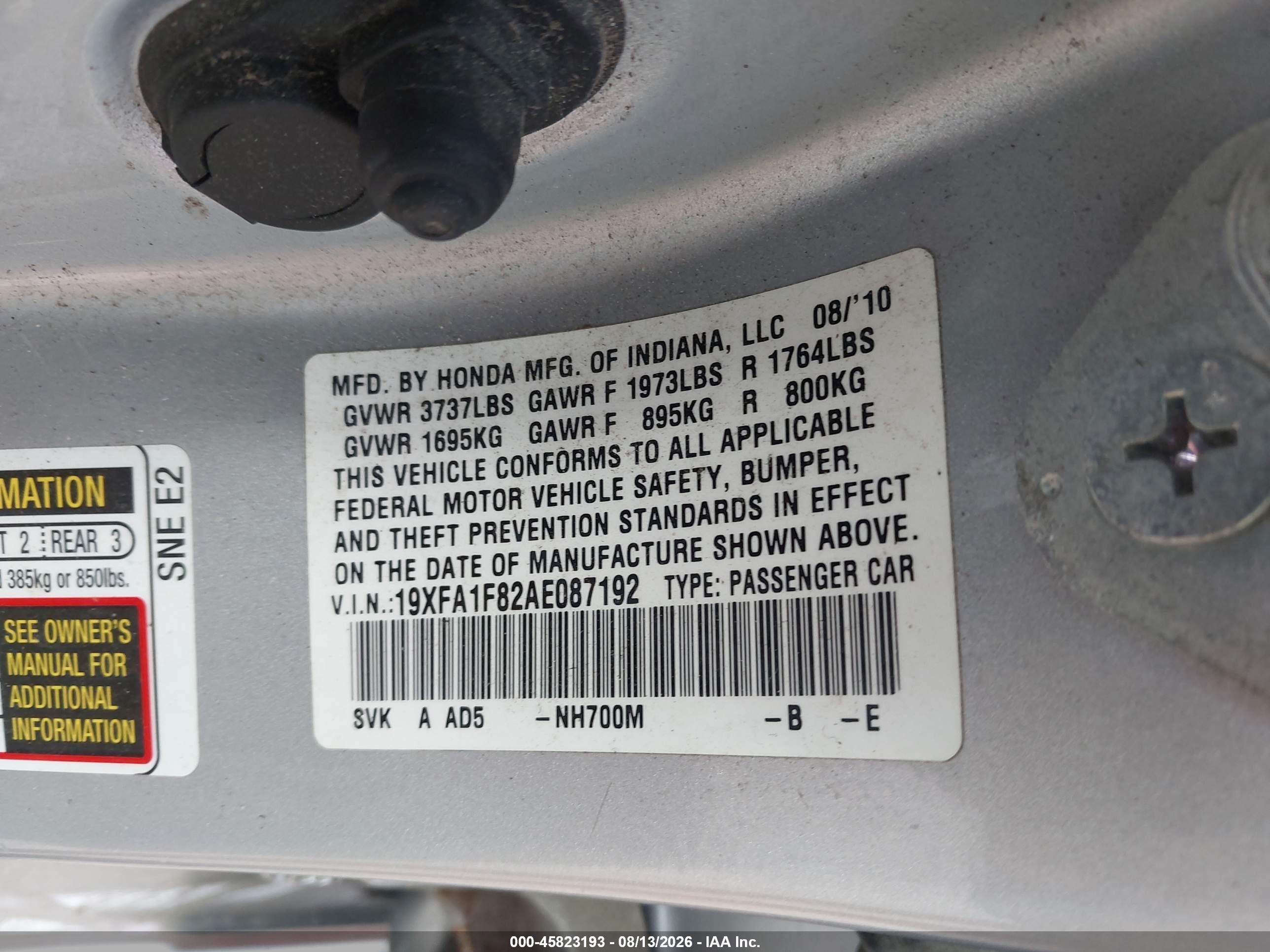 2010 Honda Civic Ex Silver vin: 19XFA1F82AE087192