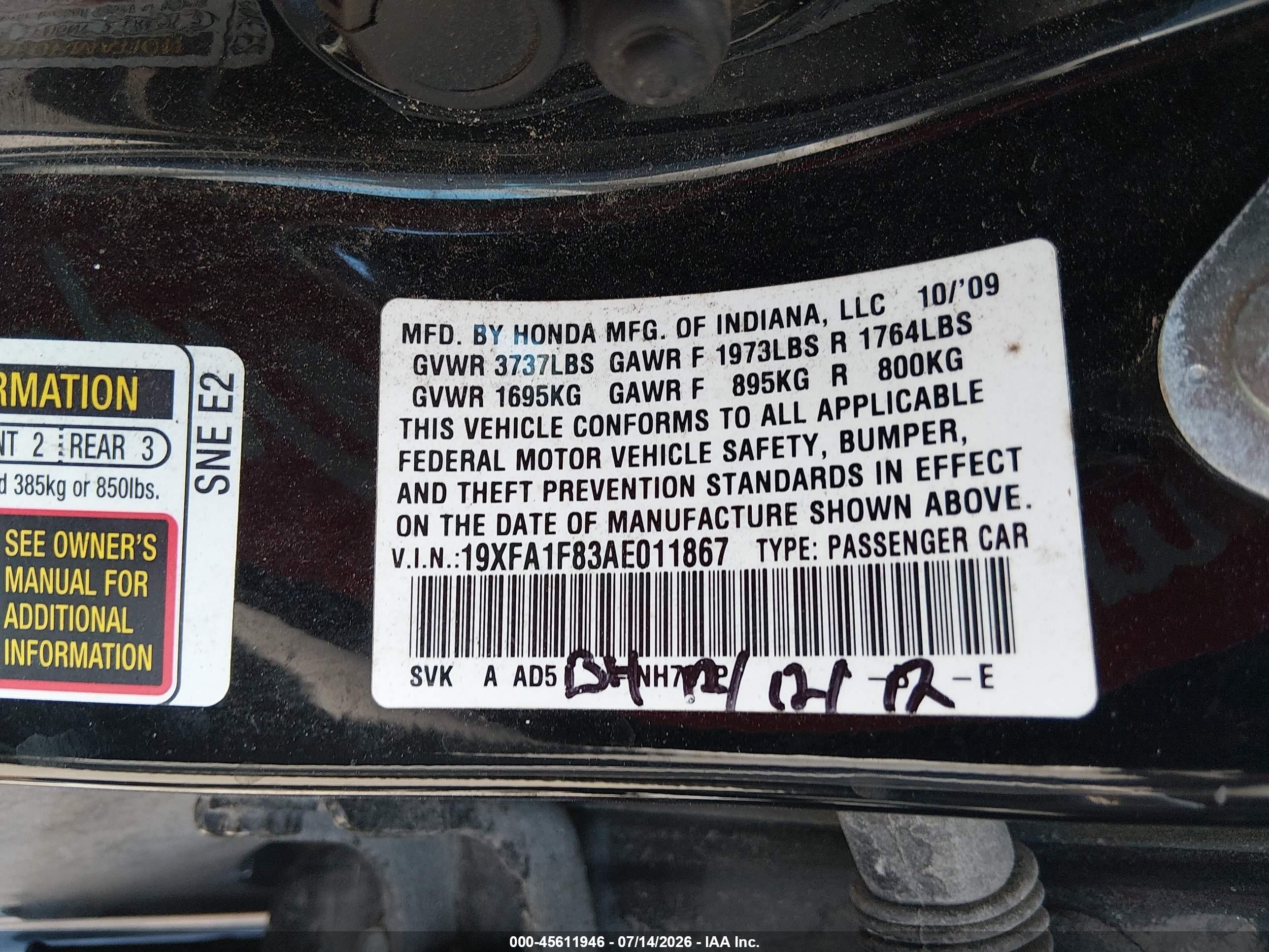 2010 Honda Civic Ex Black vin: 19XFA1F83AE011867