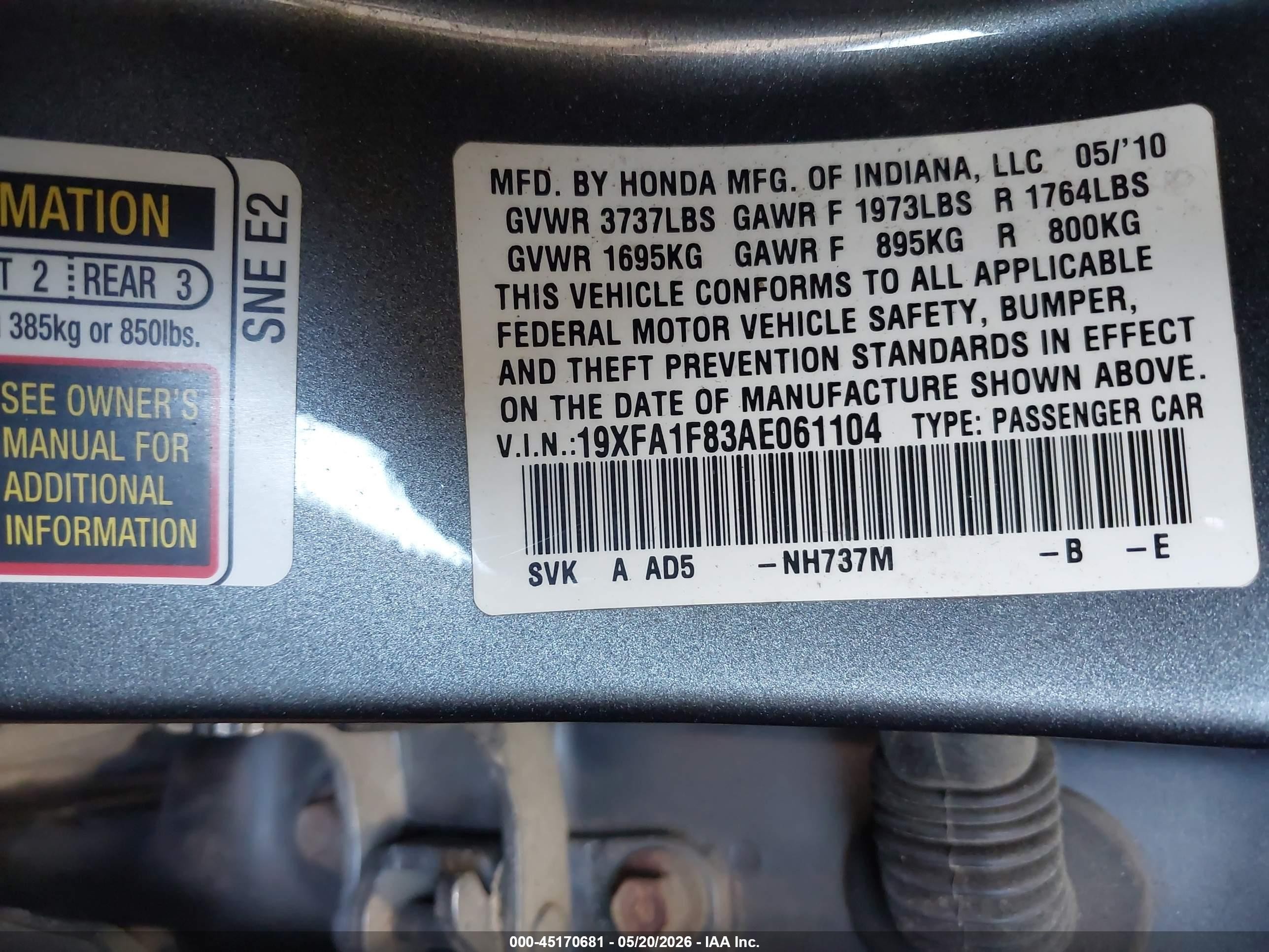 2010 Honda Civic Ex Black vin: 19XFA1F83AE061104