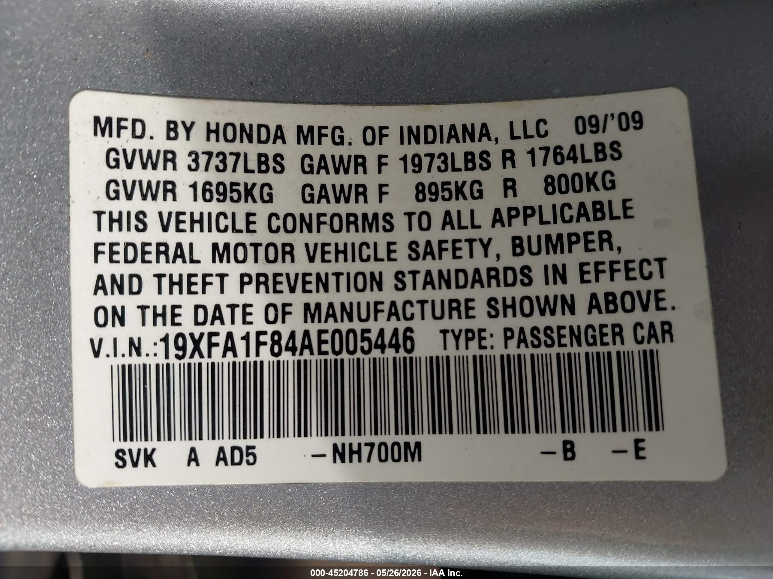2010 Honda Civic Ex Серебряный vin: 19XFA1F84AE005446