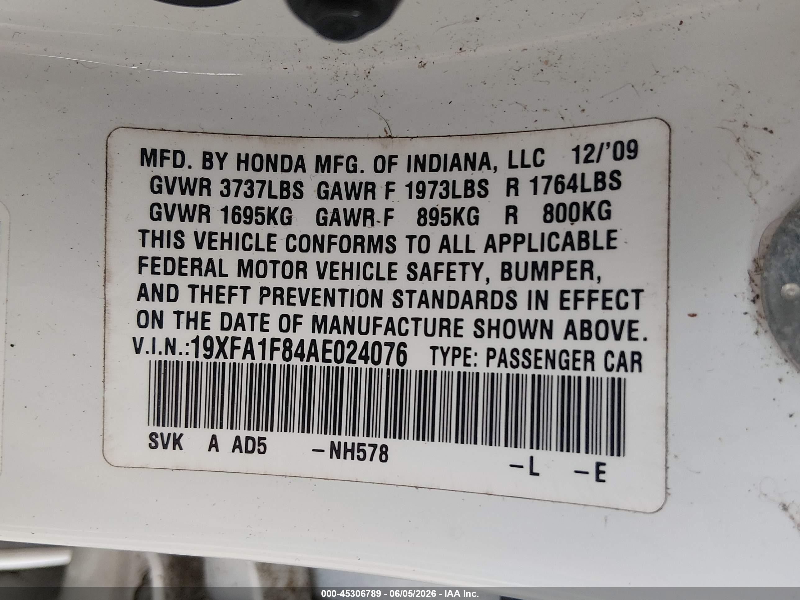 2010 Honda Civic Ex White vin: 19XFA1F84AE024076