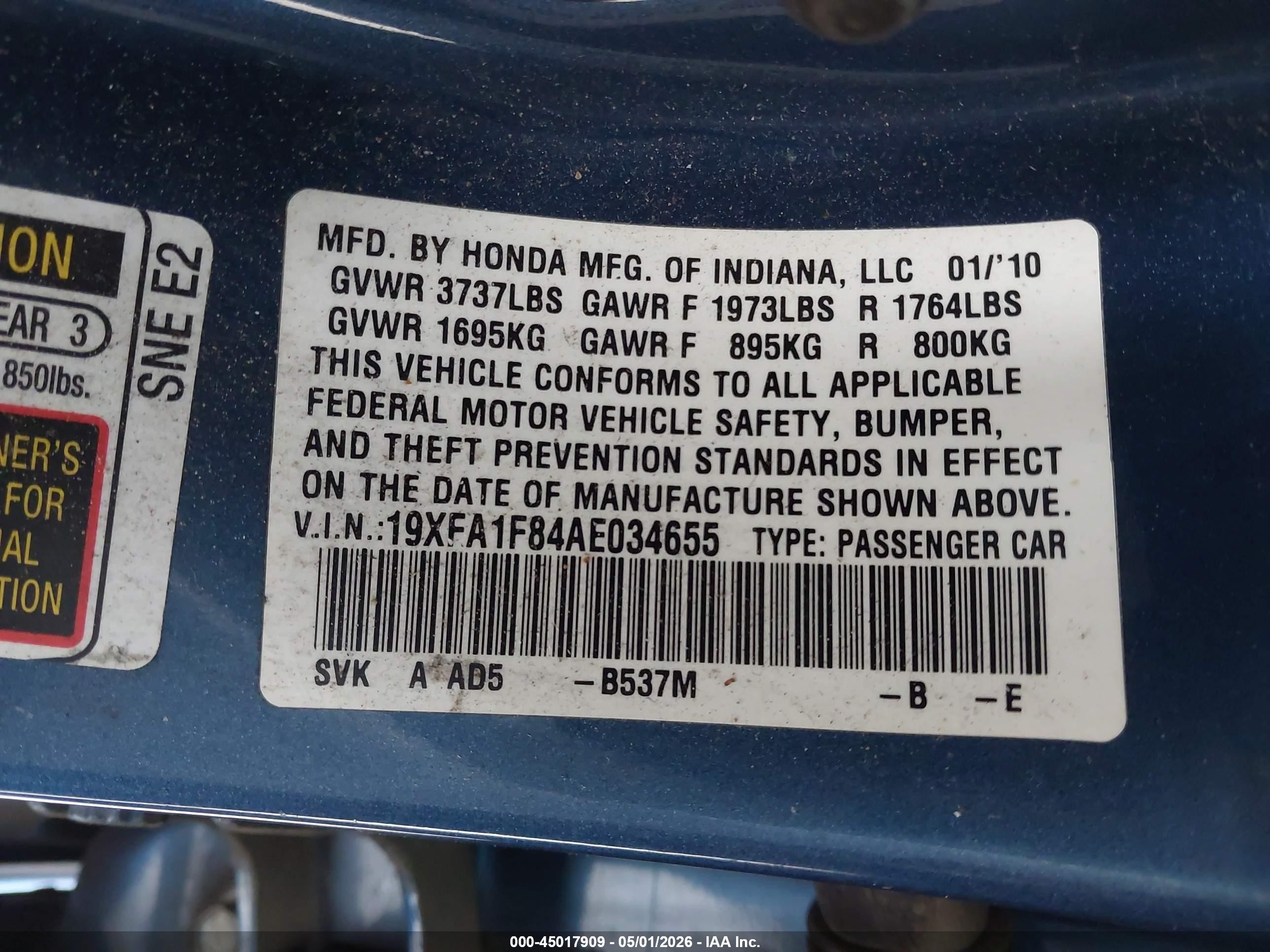 2010 Honda Civic Ex Blue vin: 19XFA1F84AE034655