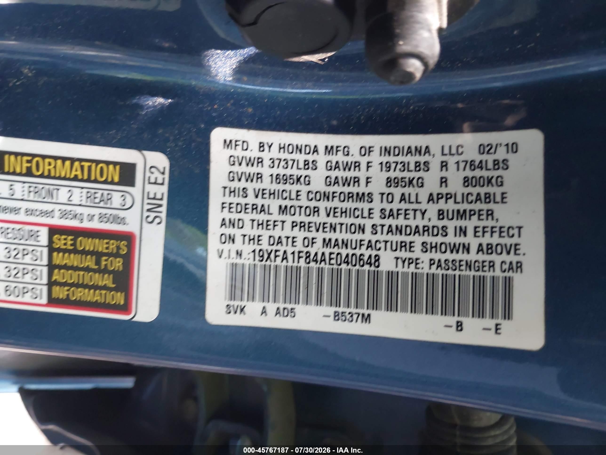 2010 Honda Civic Ex Blue vin: 19XFA1F84AE040648