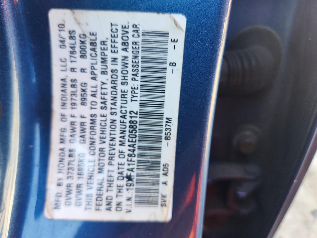 2010 Honda Civic Ex Blue vin: 19XFA1F84AE058812