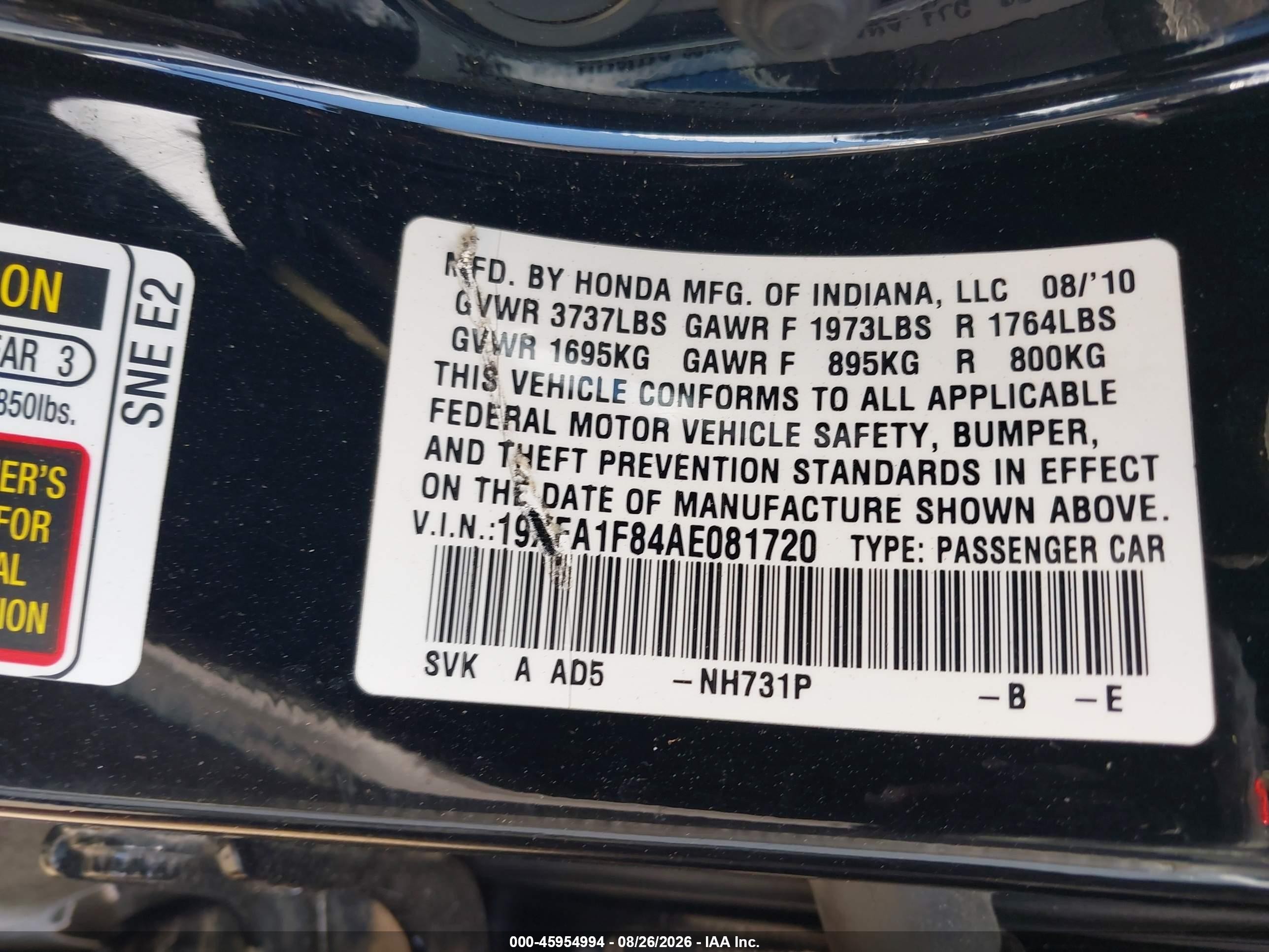 2010 Honda Civic Ex Silver vin: 19XFA1F84AE081720