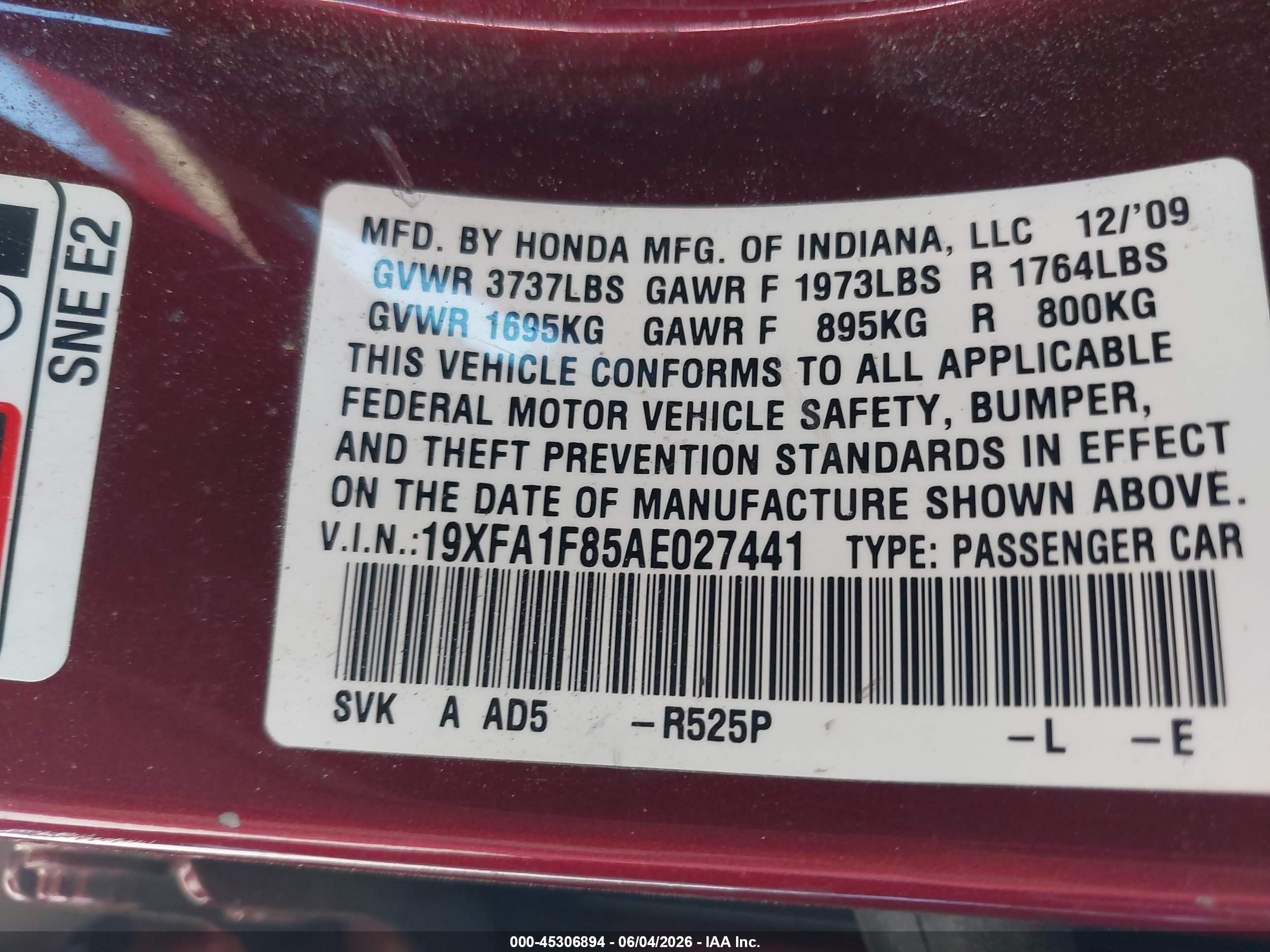 2010 Honda Civic Ex Burgundy vin: 19XFA1F85AE027441