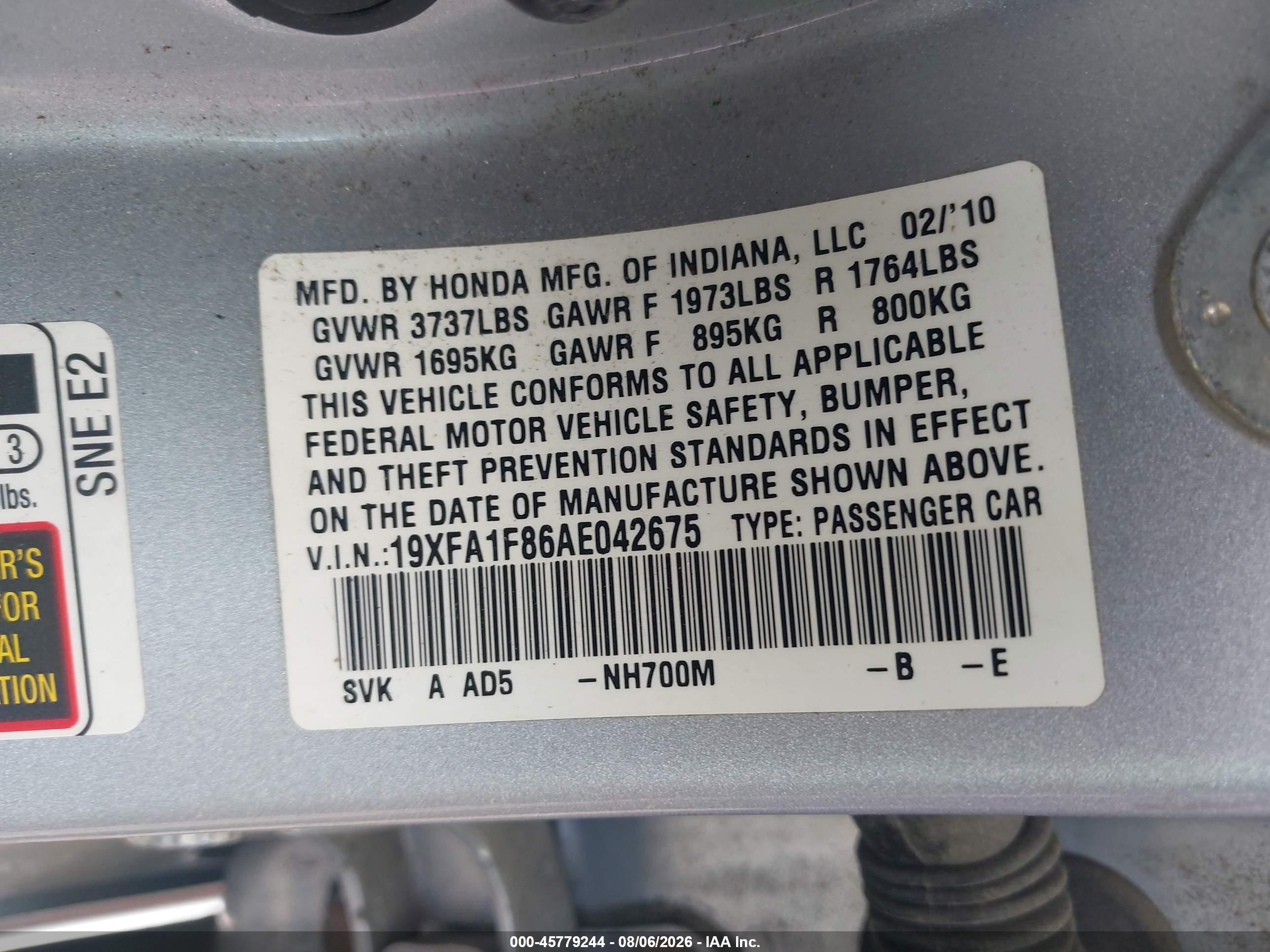 2010 Honda Civic Ex Silver vin: 19XFA1F86AE042675