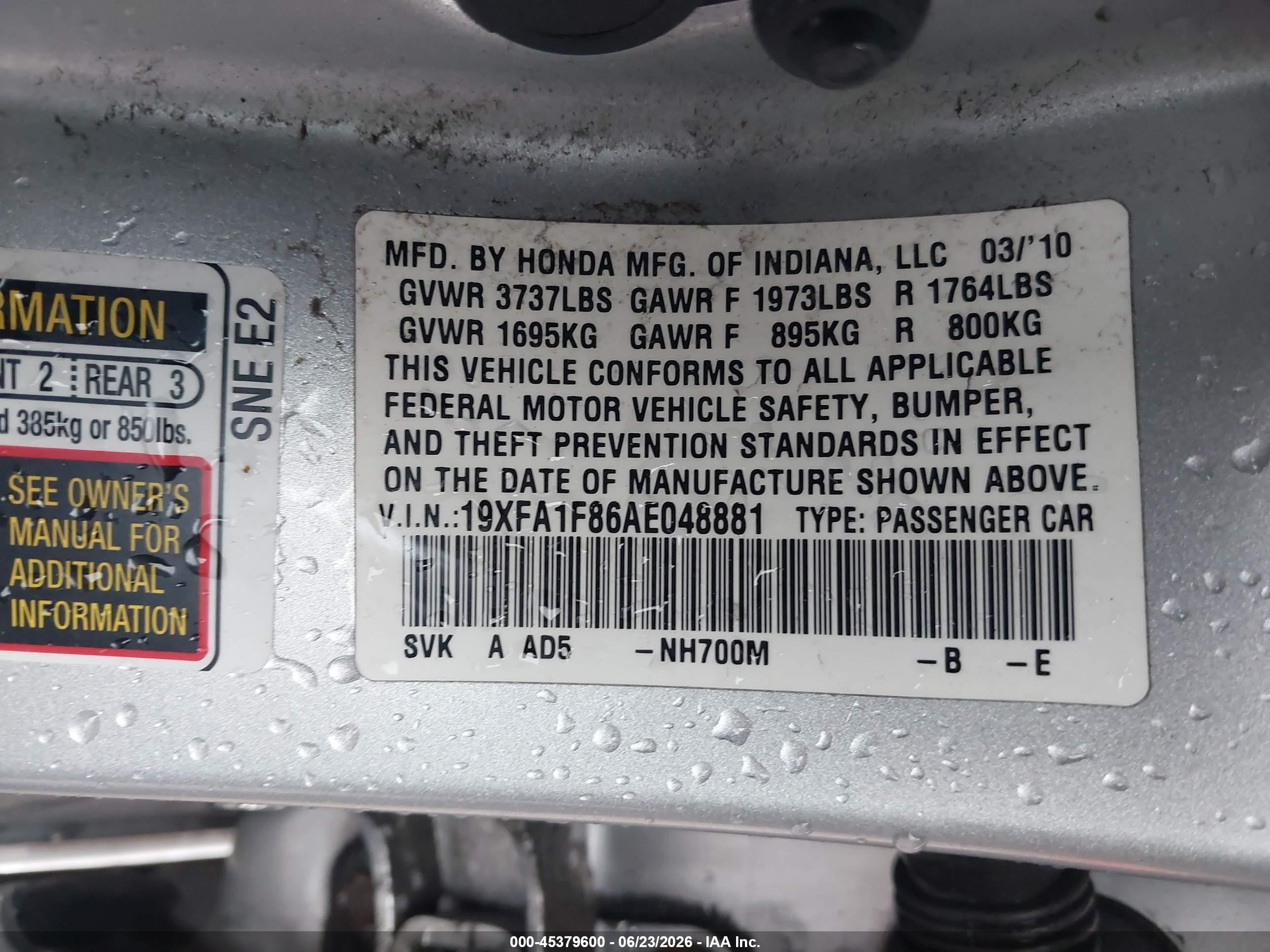 2010 Honda Civic Ex Silver vin: 19XFA1F86AE048881