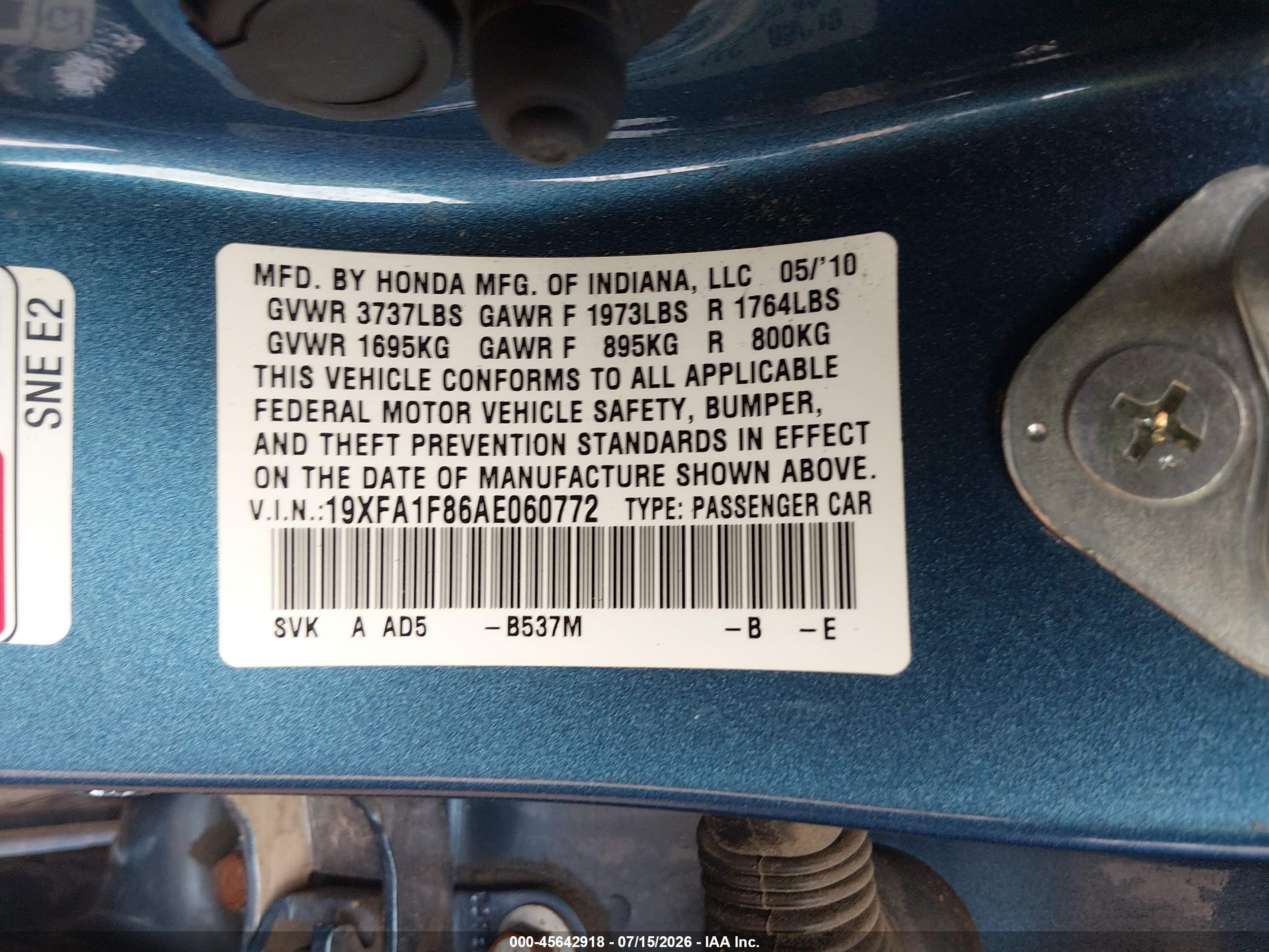 2010 Honda Civic Ex Blue vin: 19XFA1F86AE060772
