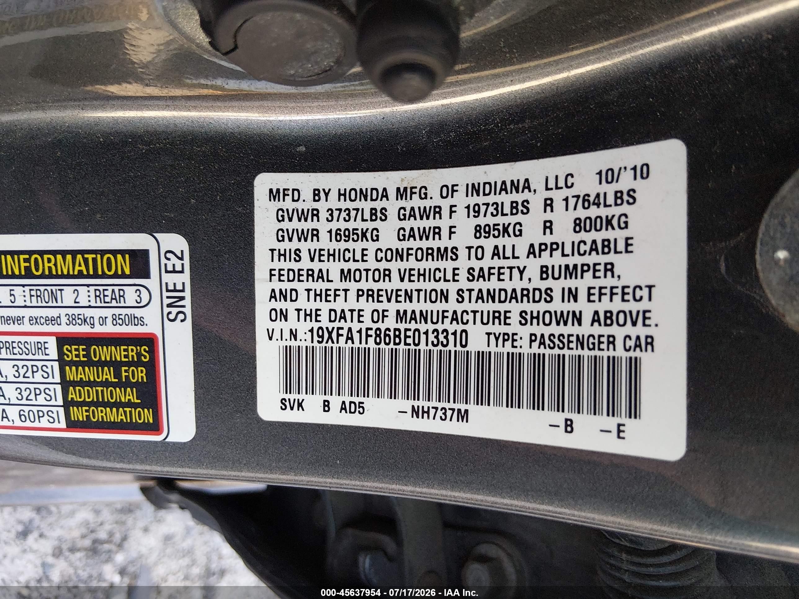 2011 Honda Civic Ex Gray vin: 19XFA1F86BE013310