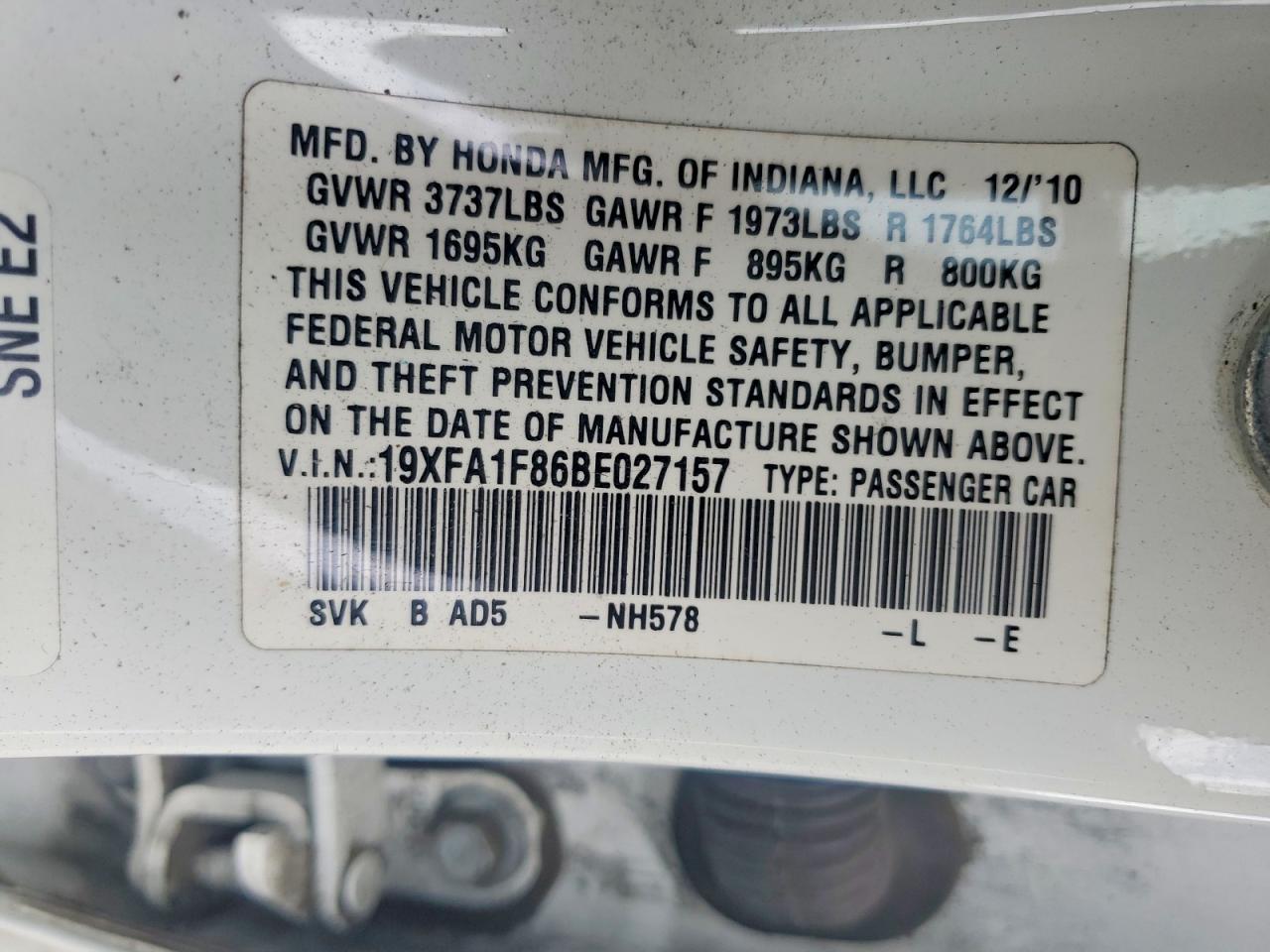 2011 Honda Civic Ex White vin: 19XFA1F86BE027157