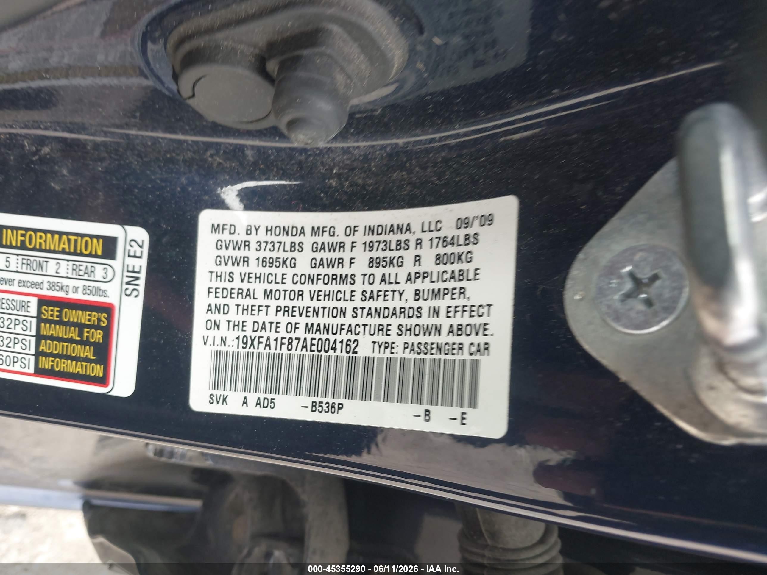 2010 Honda Civic Ex Blue vin: 19XFA1F87AE004162