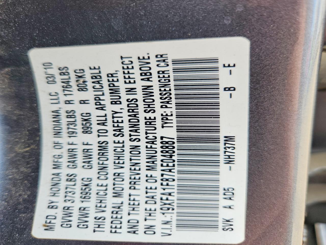 2010 Honda Civic Ex Gray vin: 19XFA1F87AE048887