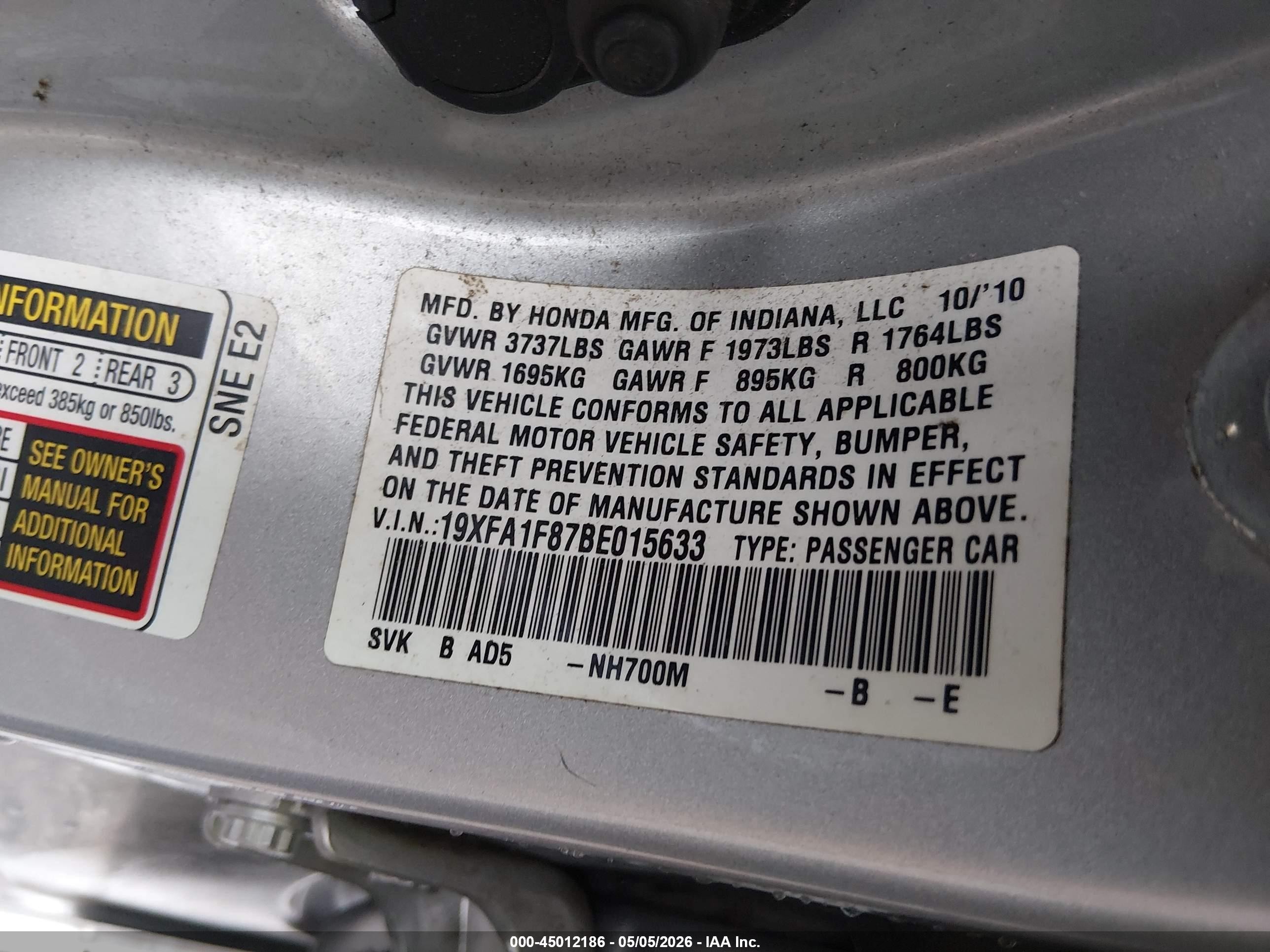 2011 Honda Civic Ex Silver vin: 19XFA1F87BE015633