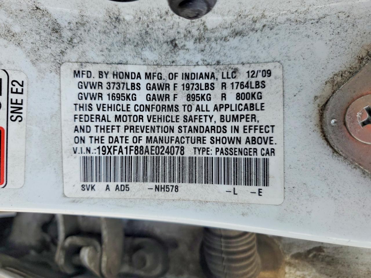 2010 Honda Civic Ex White vin: 19XFA1F88AE024078