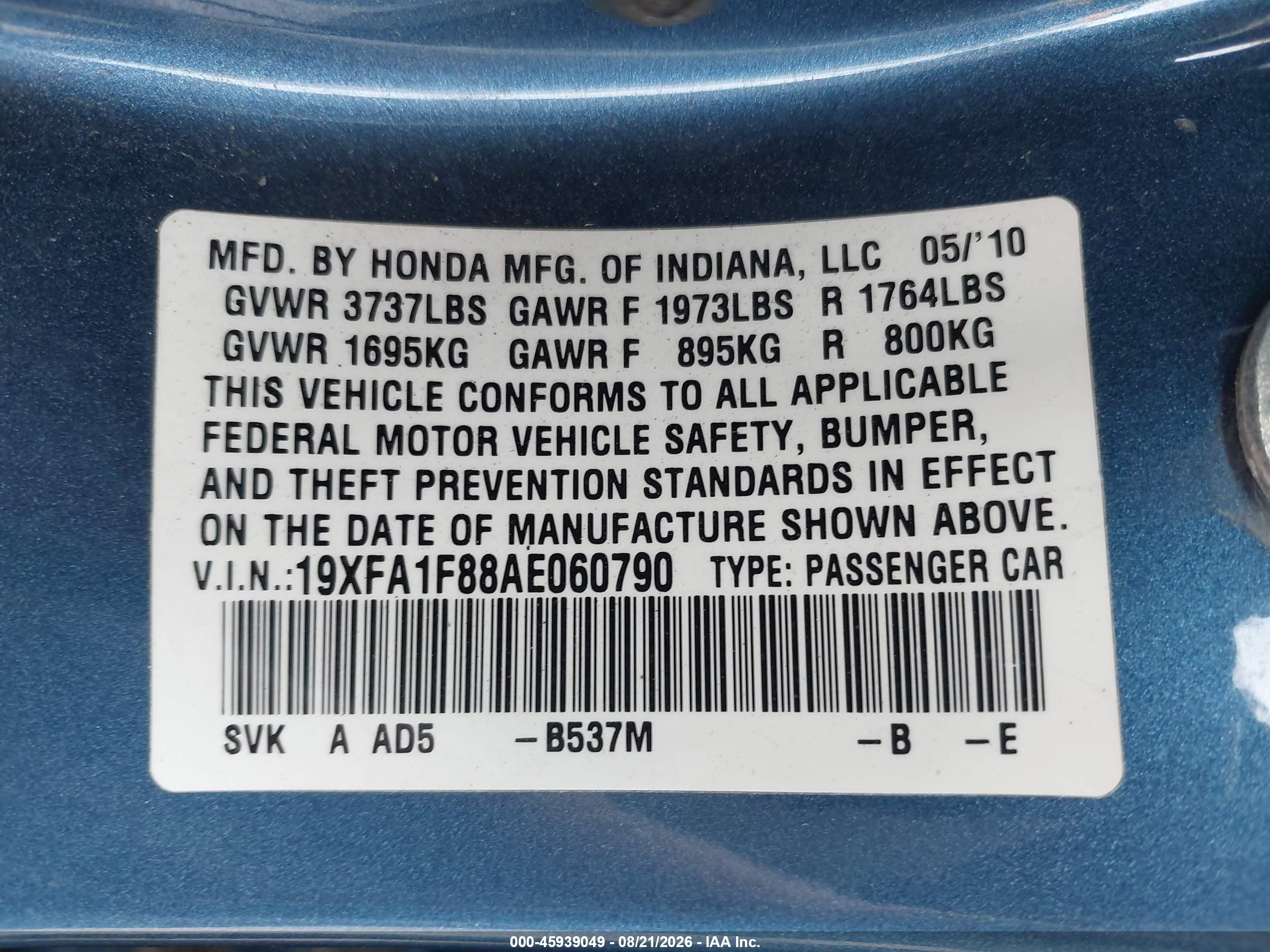 2010 Honda Civic Ex Blue vin: 19XFA1F88AE060790