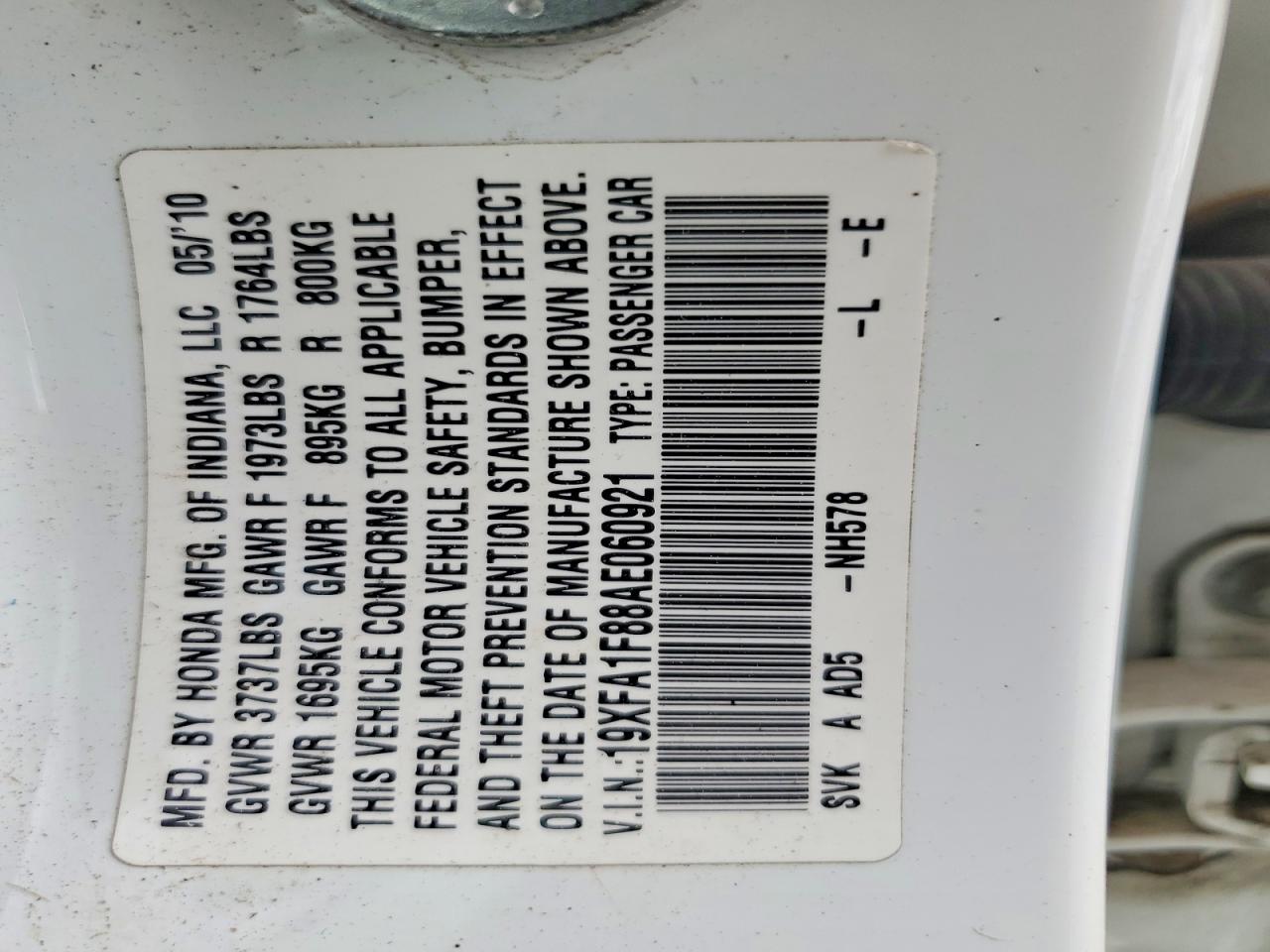 2010 Honda Civic White vin: 19XFA1F88AE060921