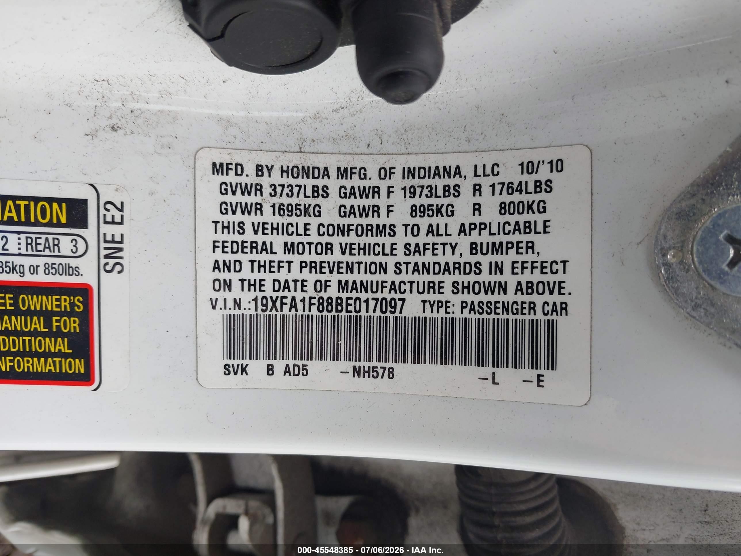 2011 Honda Civic Ex White vin: 19XFA1F88BE017097