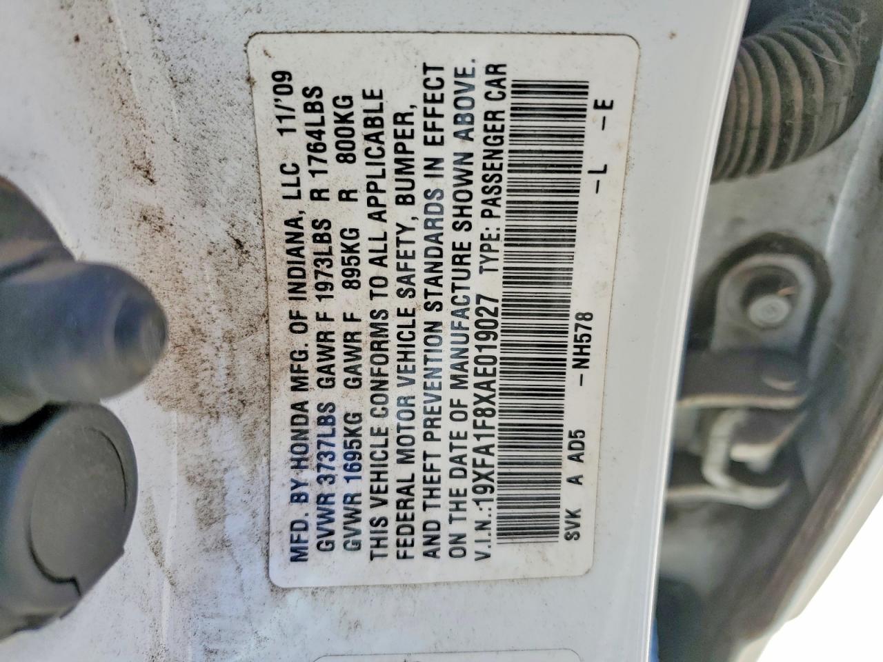 2010 Honda Civic Ex White vin: 19XFA1F8XAE019027