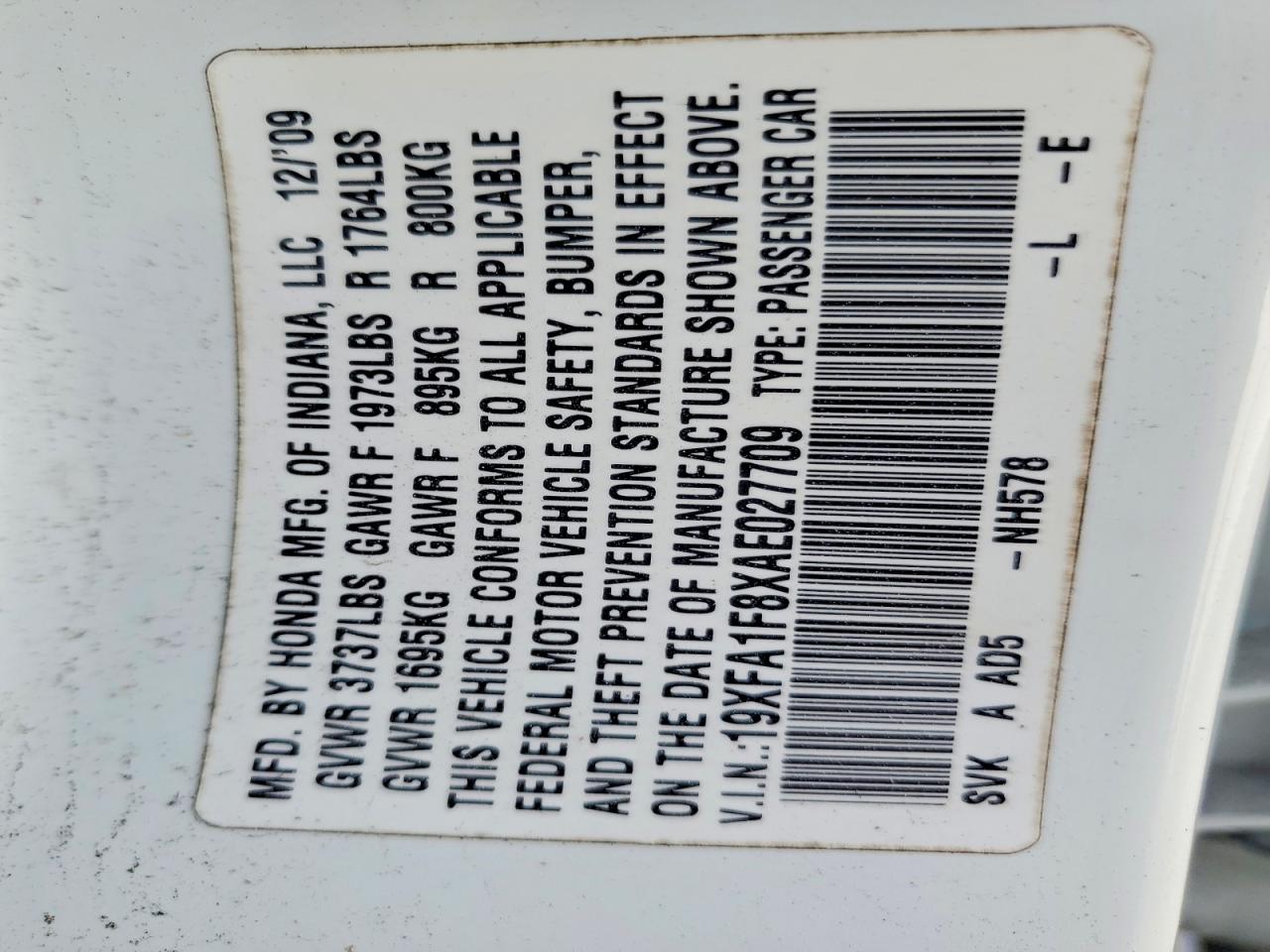 2010 Honda Civic Ex White vin: 19XFA1F8XAE027709