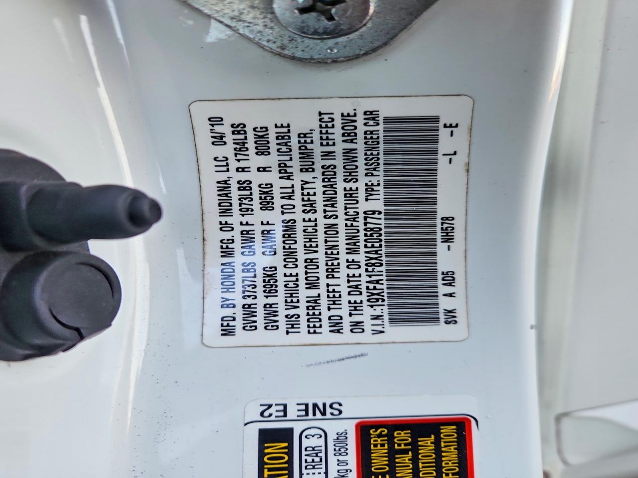 2010 Honda Civic Ex White vin: 19XFA1F8XAE058779