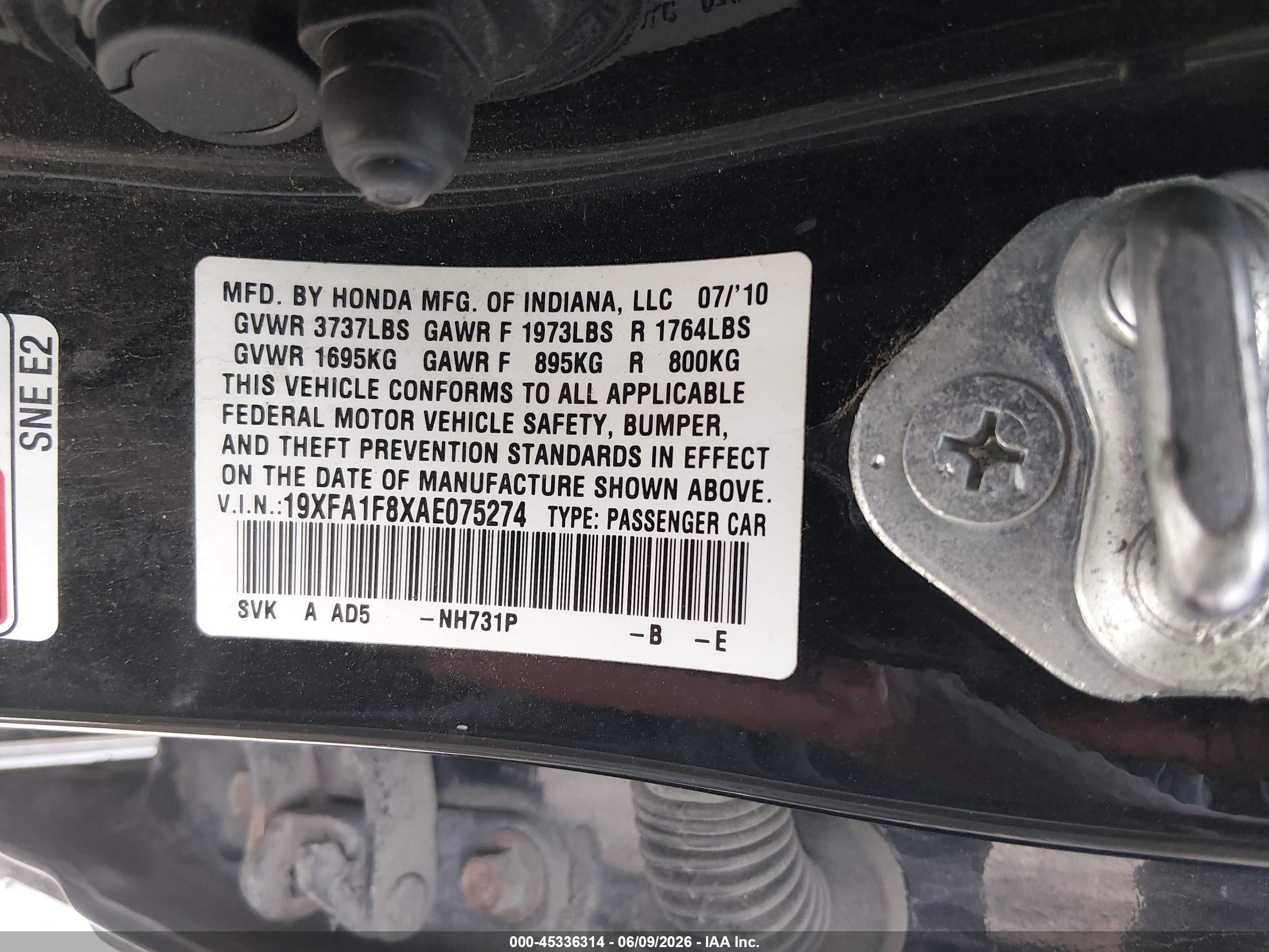 2010 Honda Civic Ex Black vin: 19XFA1F8XAE075274