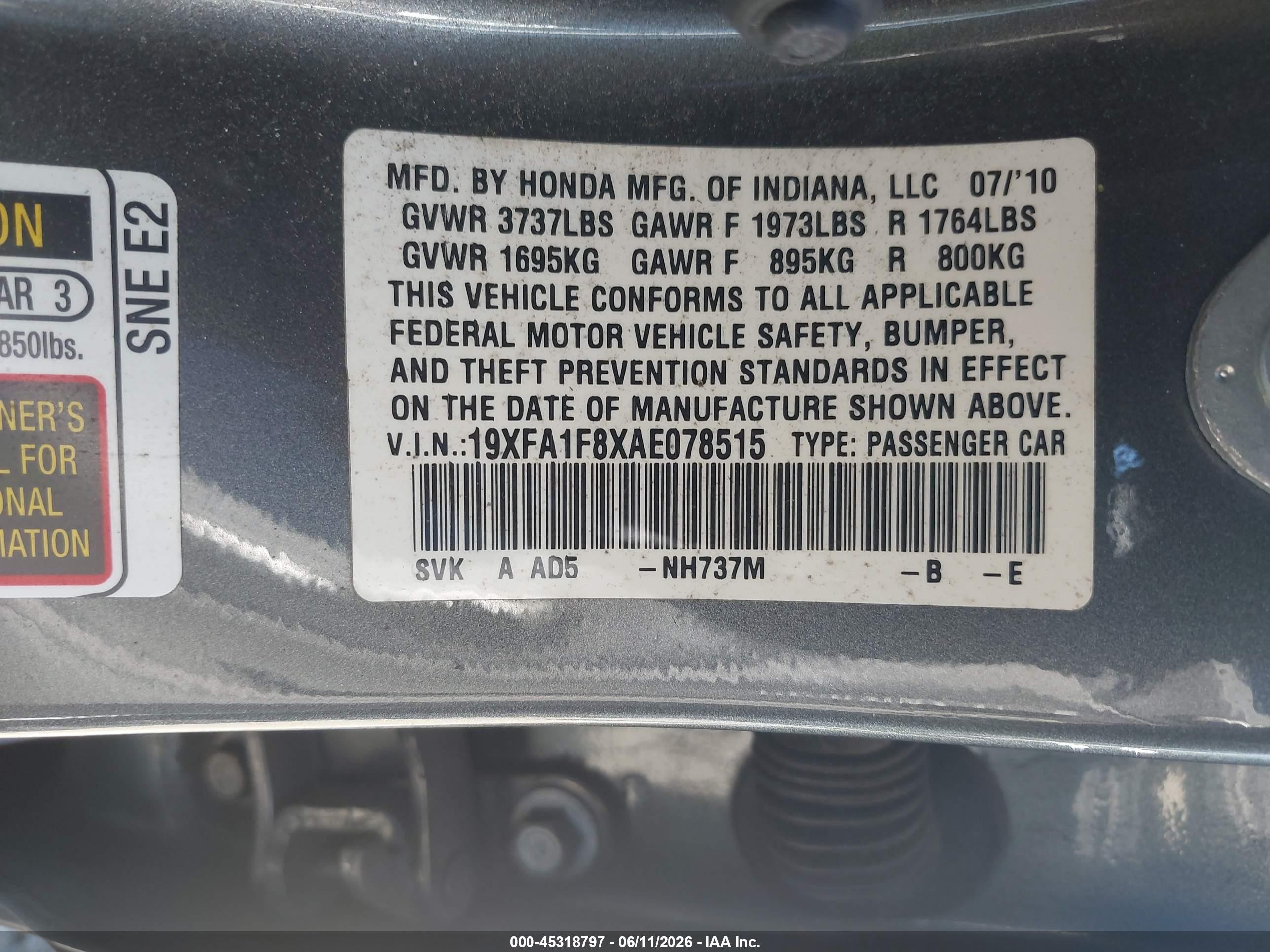 2010 Honda Civic Ex Серый vin: 19XFA1F8XAE078515