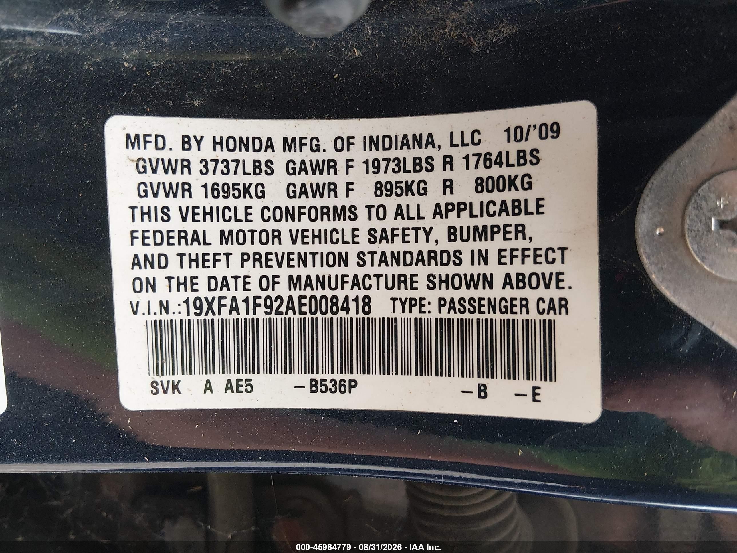 2010 Honda Civic Ex-l Blue vin: 19XFA1F92AE008418