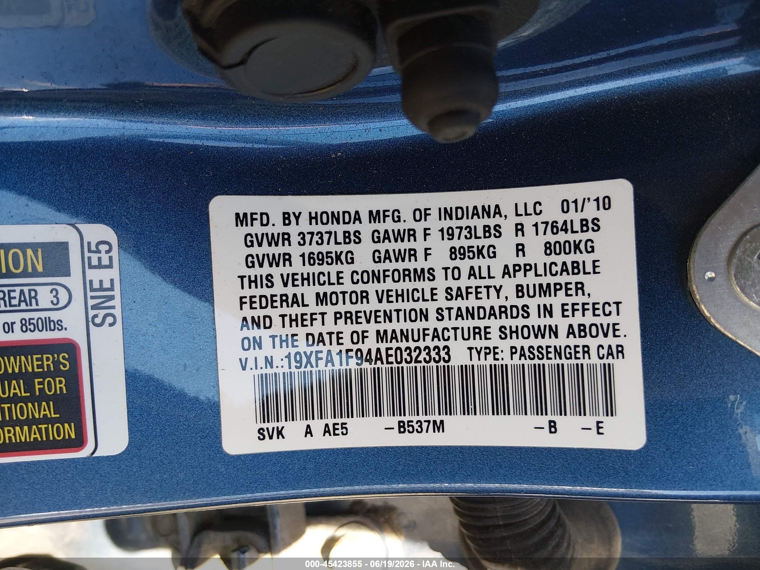 2010 Honda Civic Ex-l Blue vin: 19XFA1F94AE032333