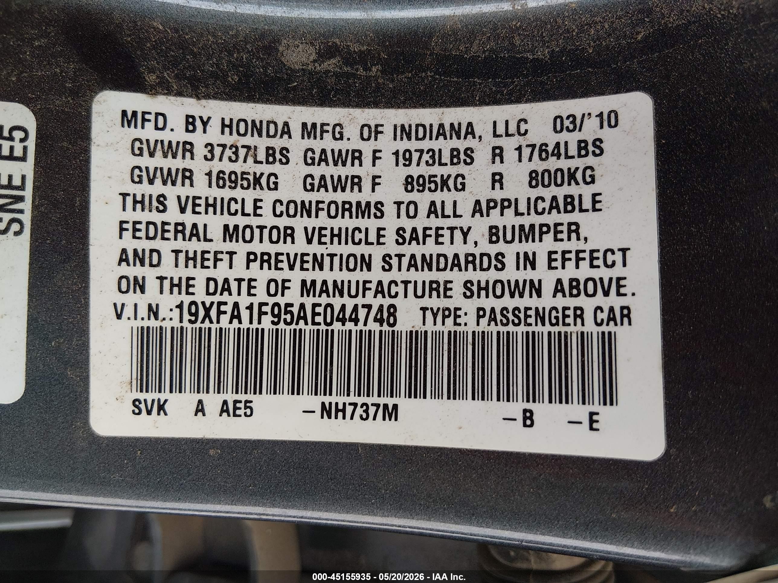 2010 Honda Civic Ex-l Gray vin: 19XFA1F95AE044748
