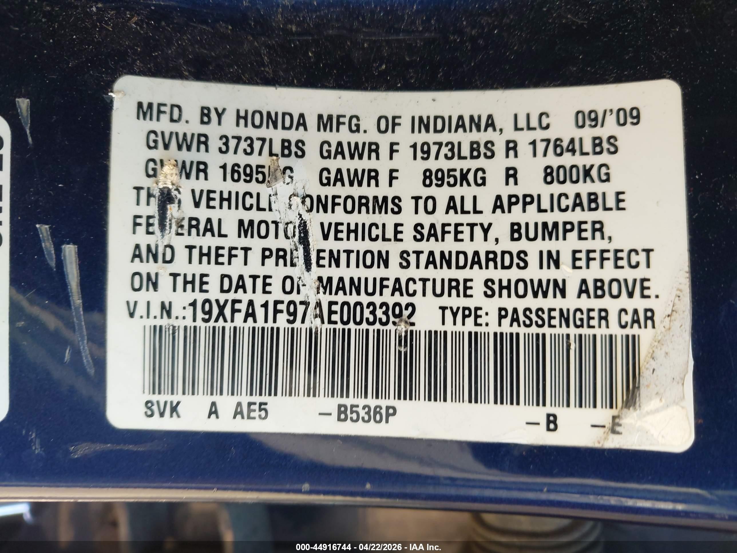 2010 Honda Civic Ex-l Blue vin: 19XFA1F97AE003392