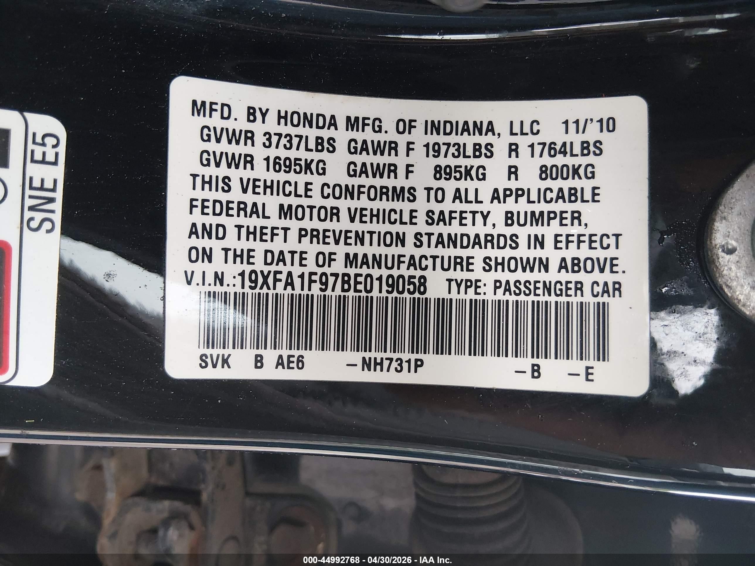 2011 Honda Civic Ex-l Black vin: 19XFA1F97BE019058
