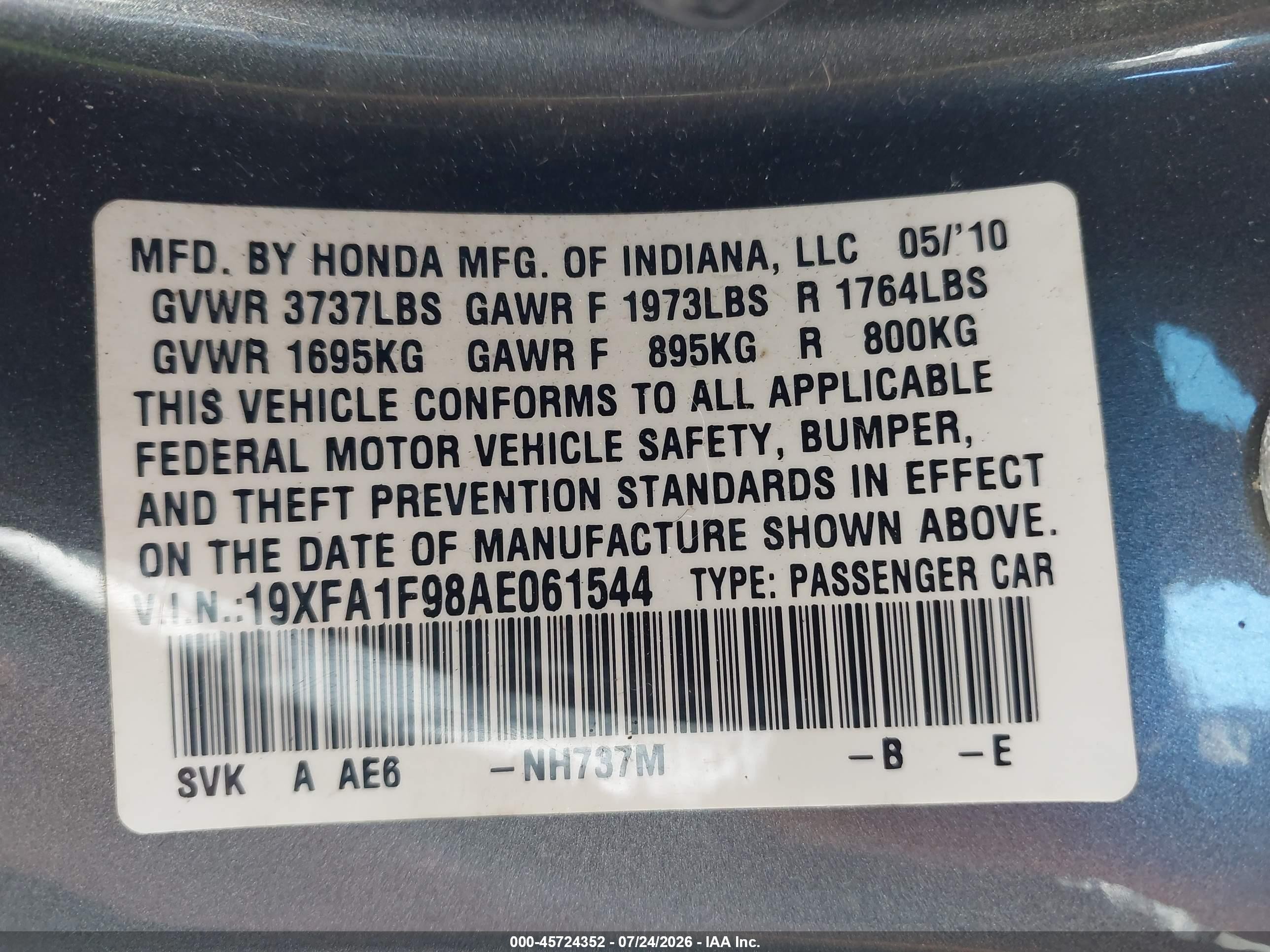 2010 Honda Civic Ex-l Gray vin: 19XFA1F98AE061544