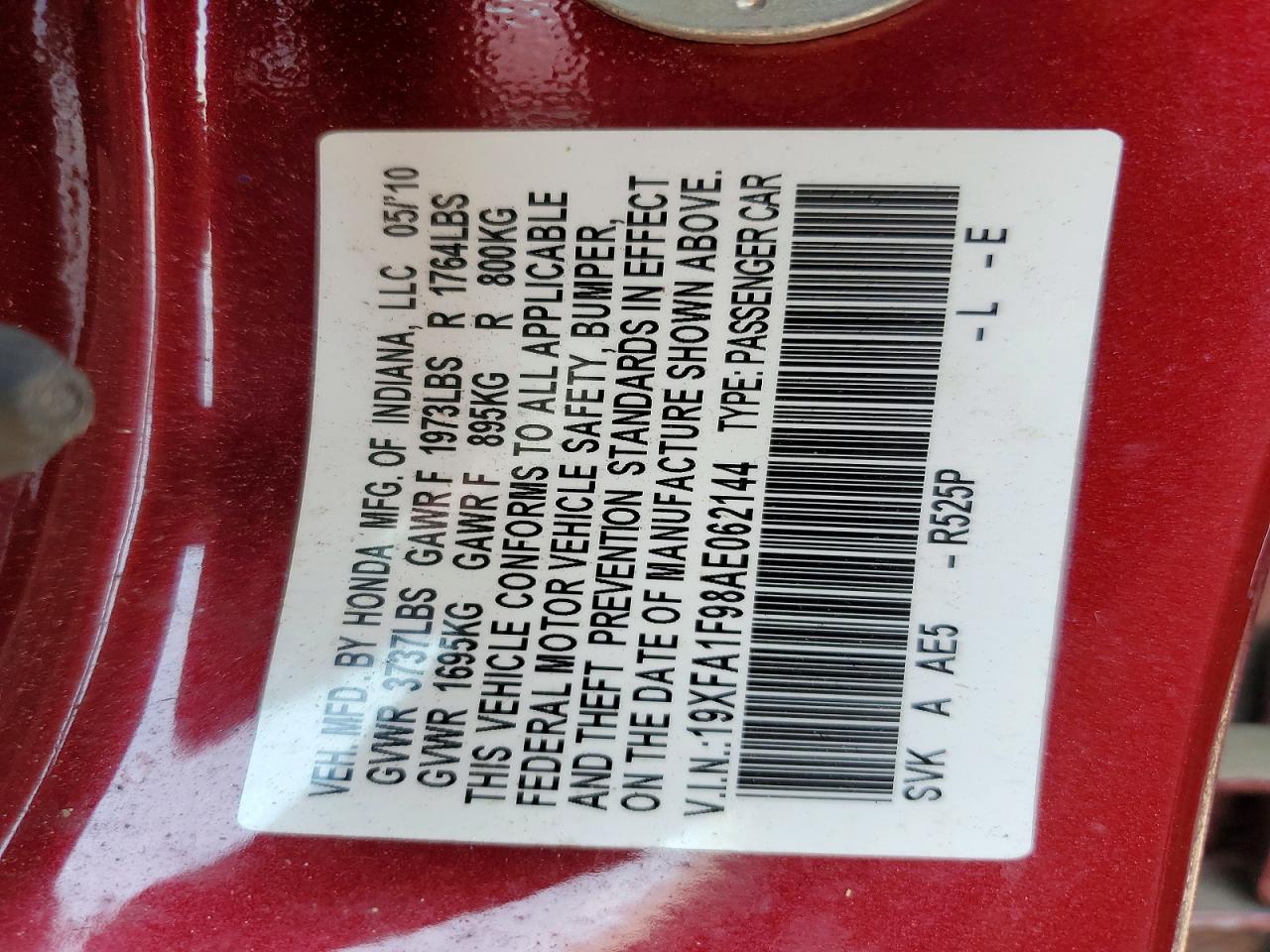 2010 Honda Civic Exl Red vin: 19XFA1F98AE062144