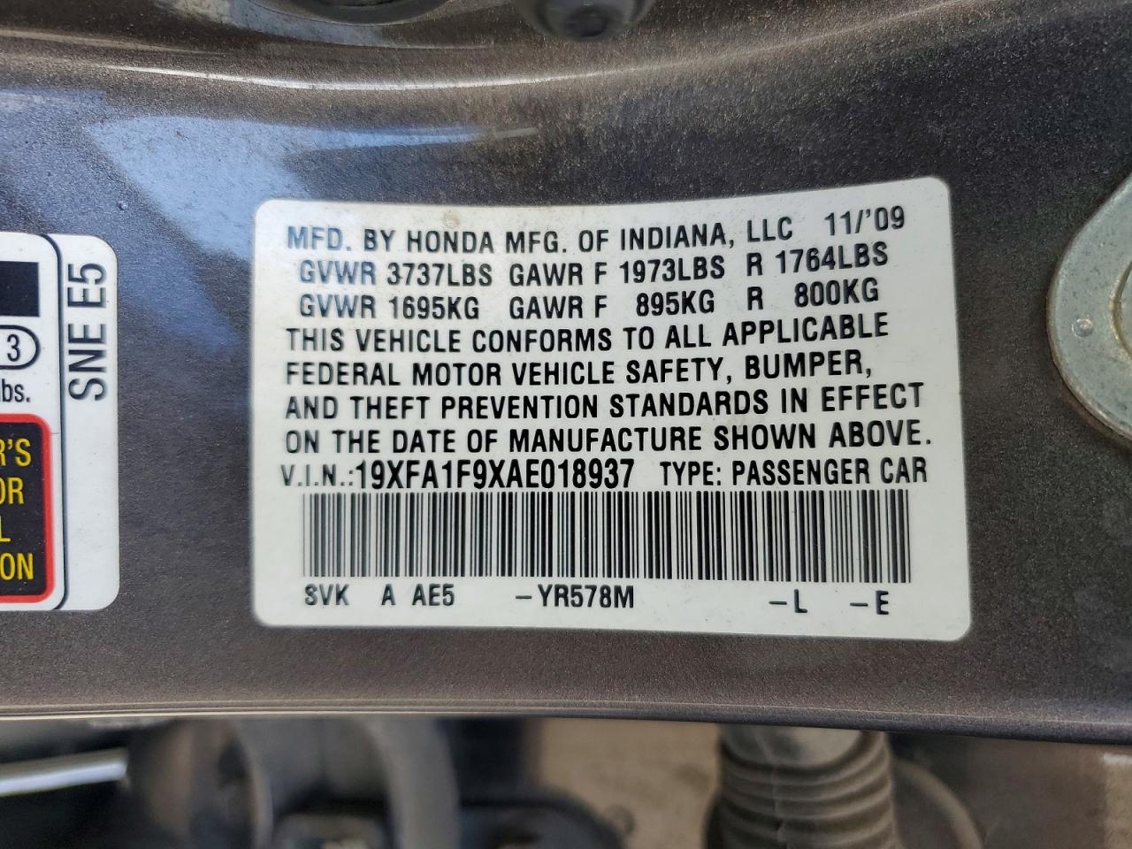 2010 Honda Civic Exl Gray vin: 19XFA1F9XAE018937
