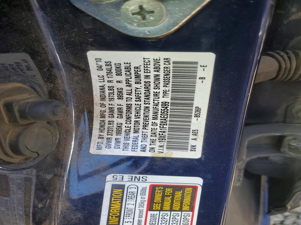 2010 Honda Civic Exl Blue vin: 19XFA1F9XAE055499