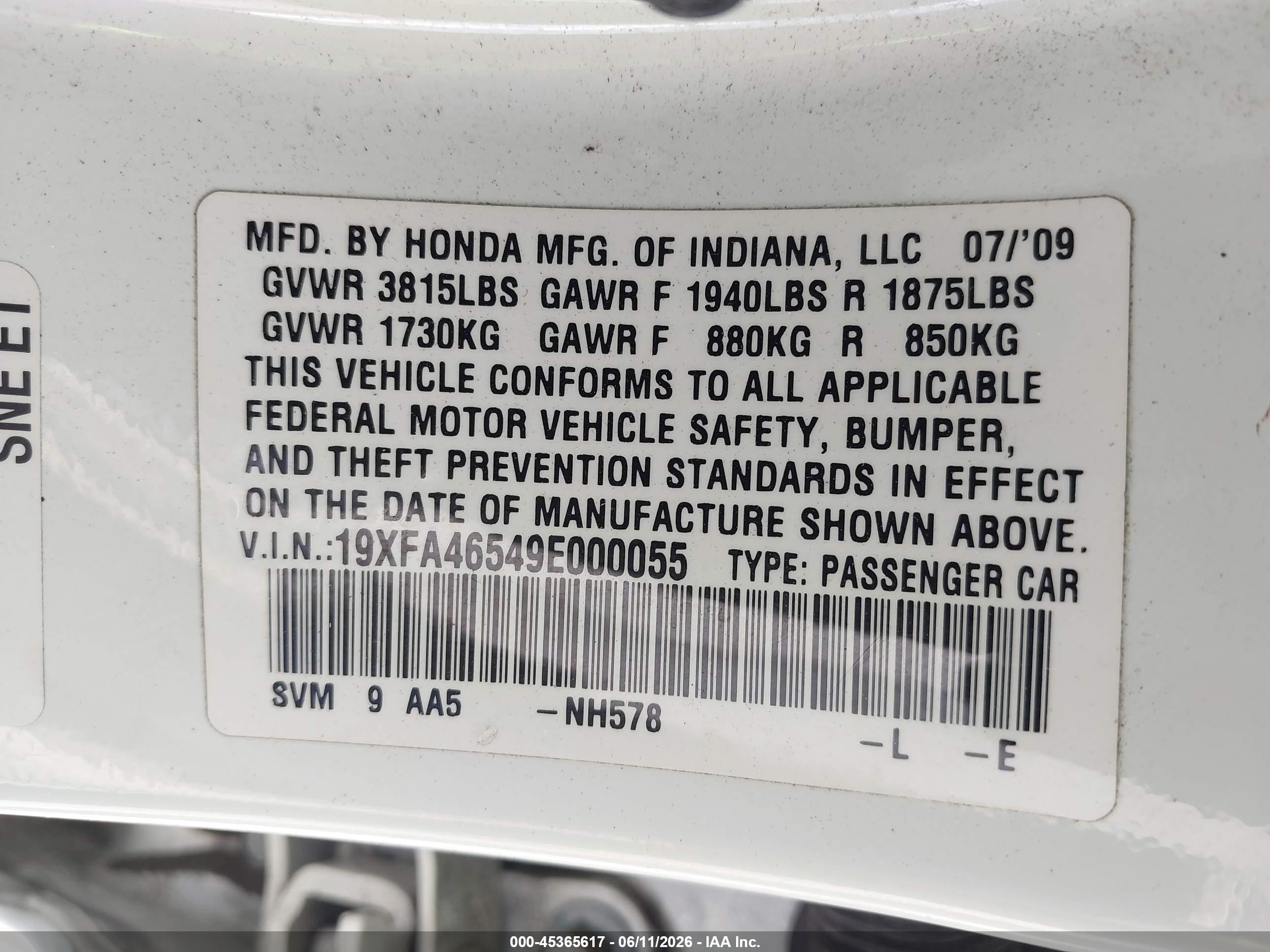 2009 Honda Civic Gx White vin: 19XFA46549E000055
