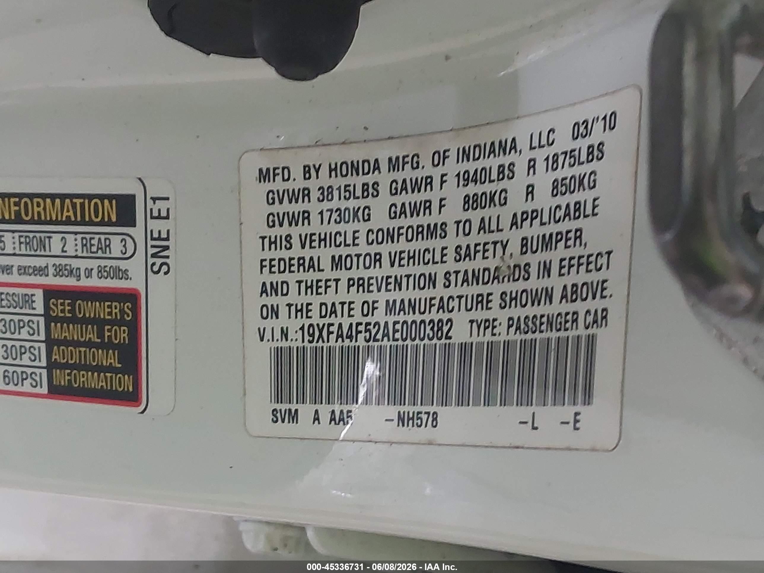 2010 Honda Civic Gx White vin: 19XFA4F52AE000382