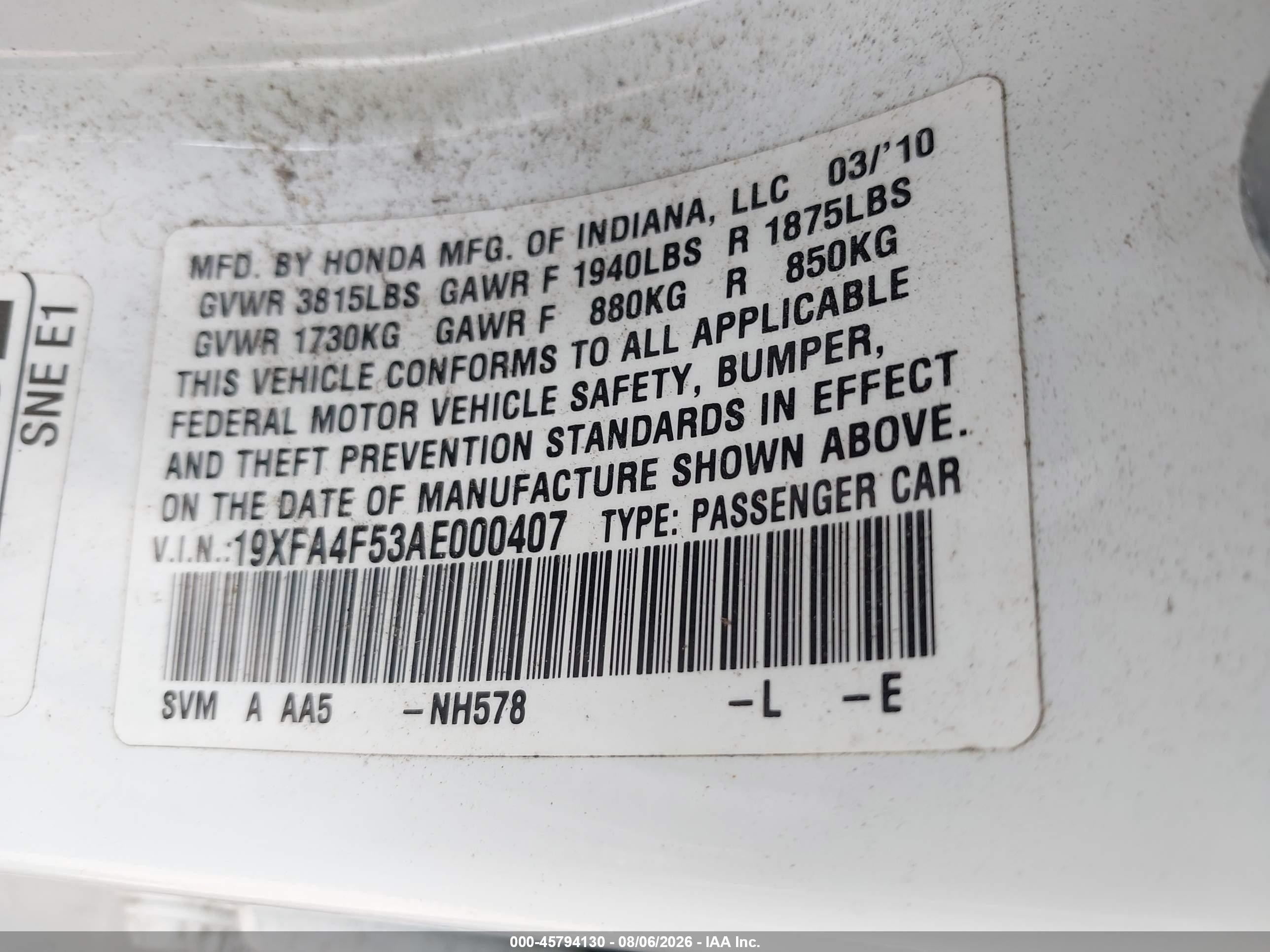 2010 Honda Civic Gx White vin: 19XFA4F53AE000407