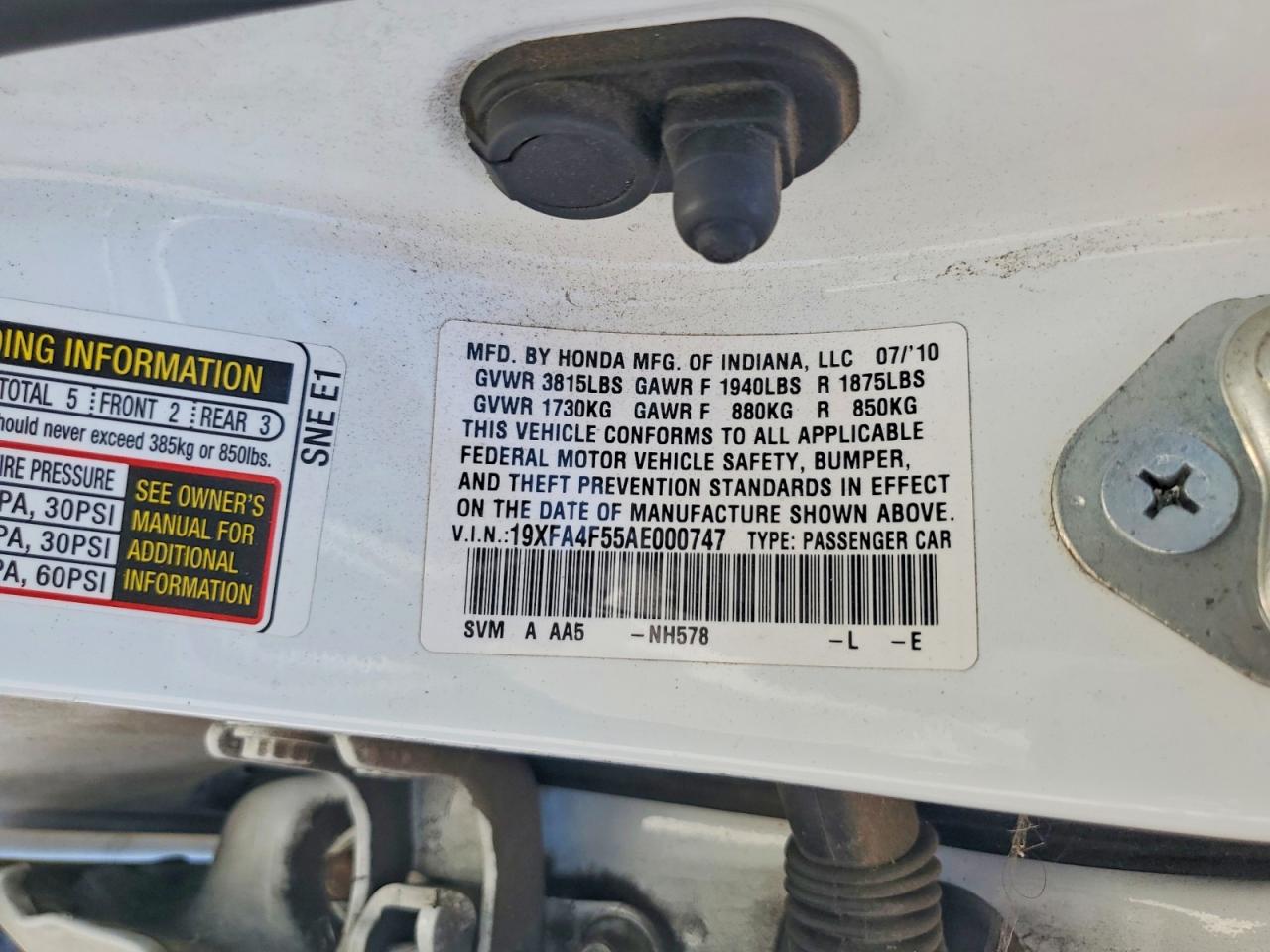 2010 Honda Civic Gx White vin: 19XFA4F55AE000747