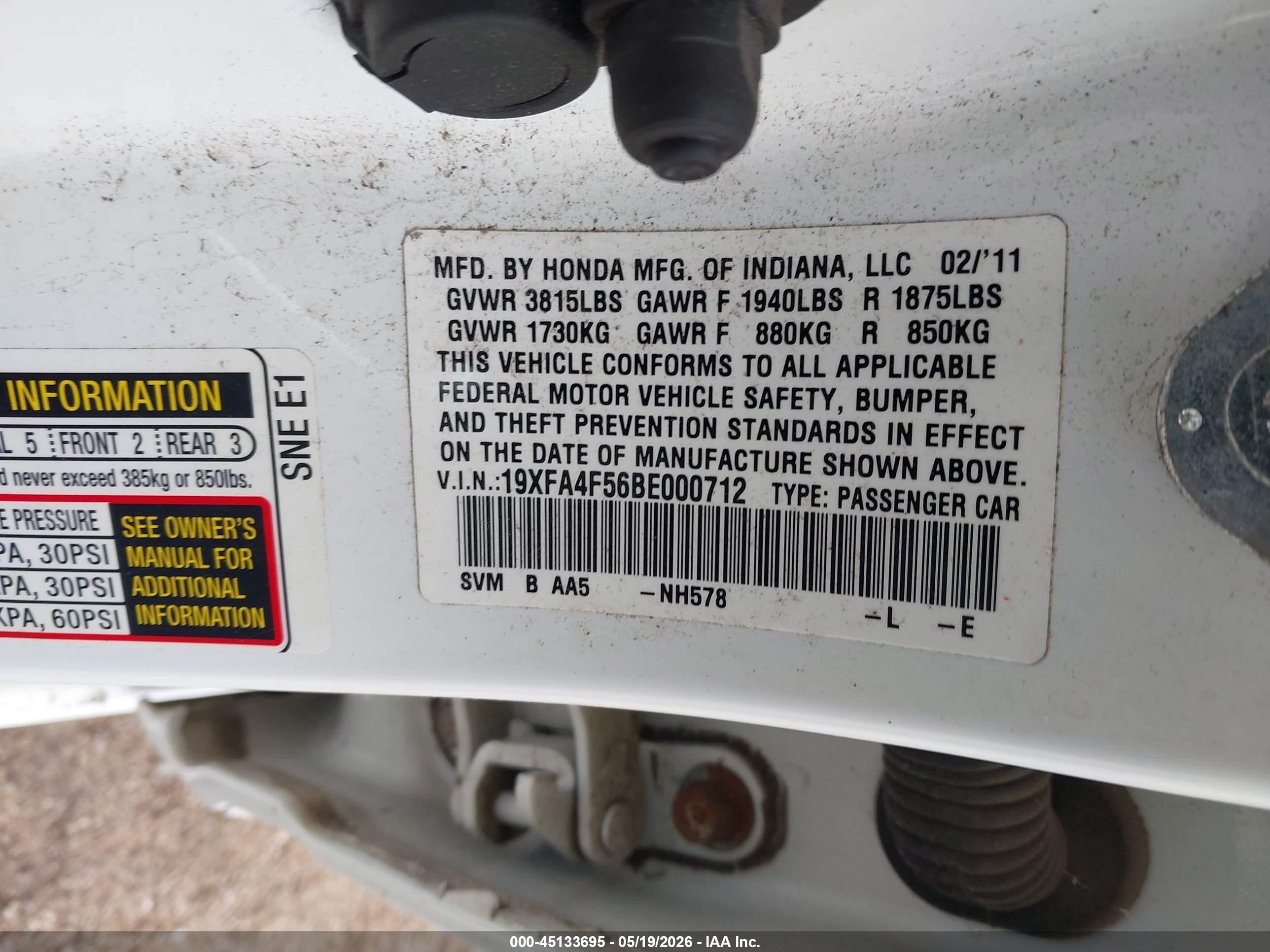 2011 Honda Civic Gx White vin: 19XFA4F56BE000712
