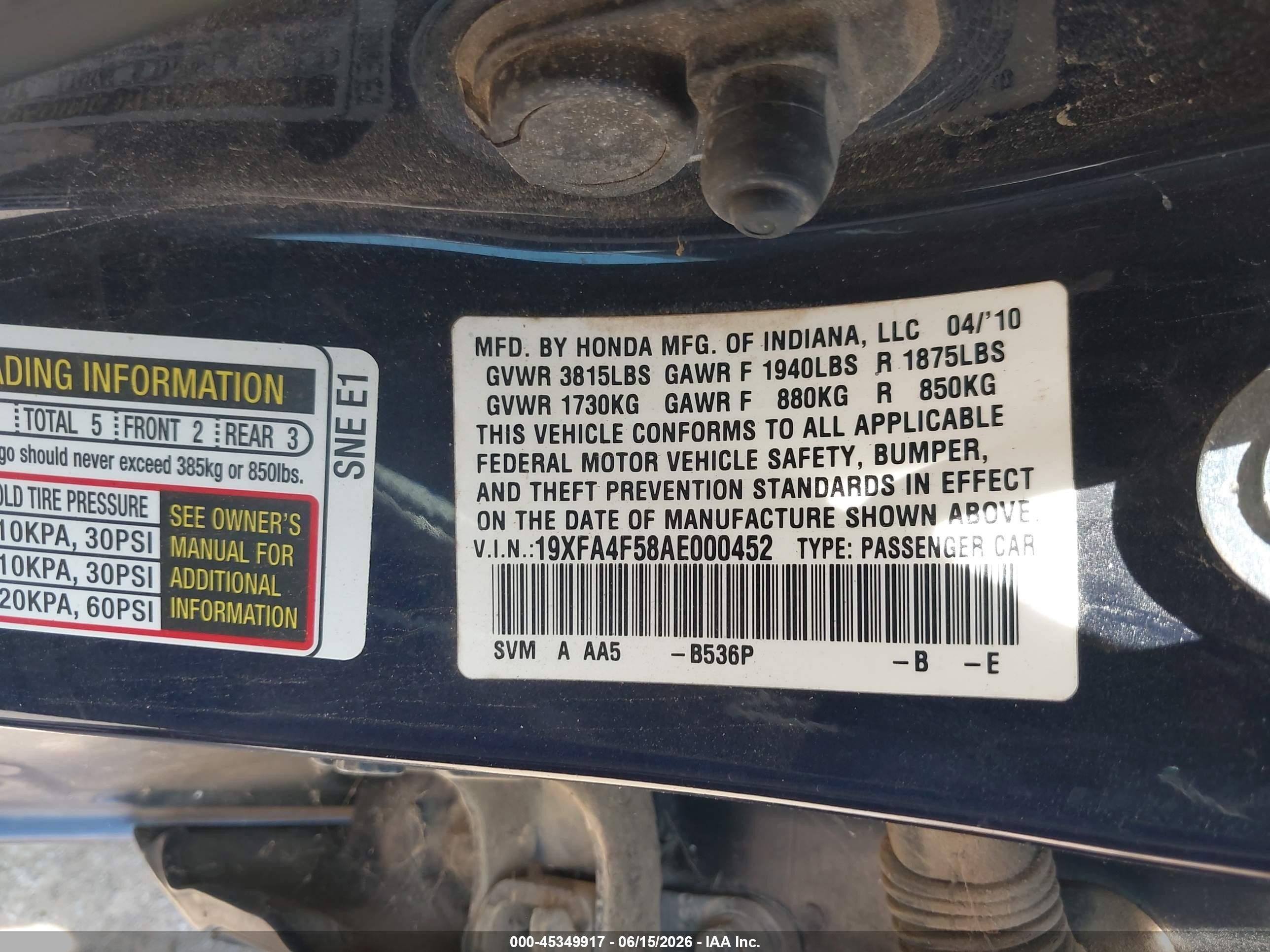 2010 Honda Civic Gx Blue vin: 19XFA4F58AE000452