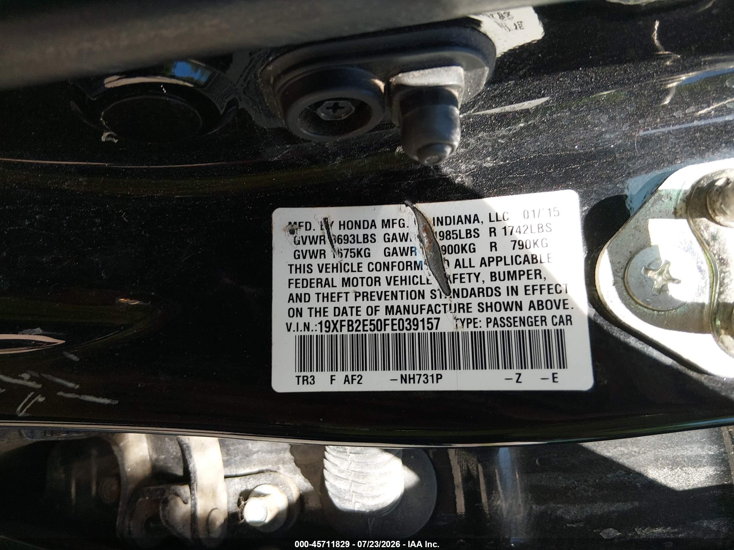 2015 Honda Civic Lx Black vin: 19XFB2E50FE039157
