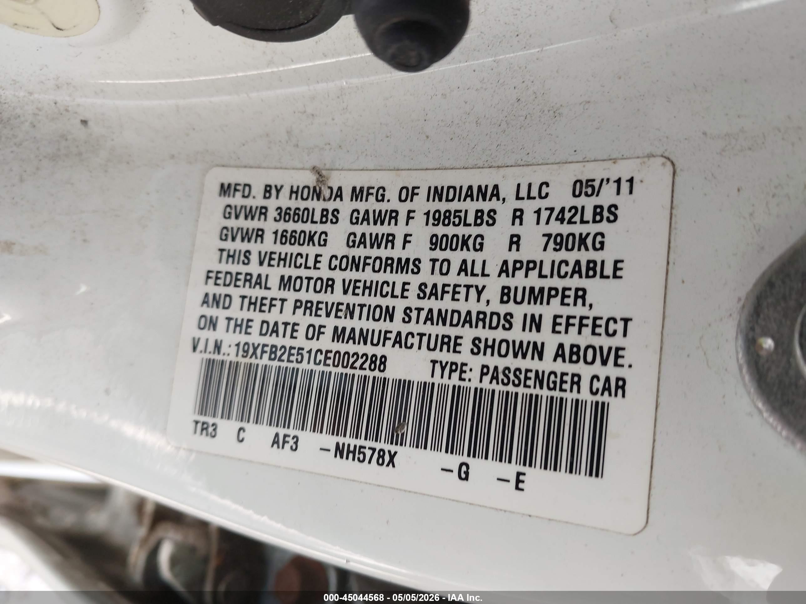 2012 Honda Civic Lx White vin: 19XFB2E51CE002288