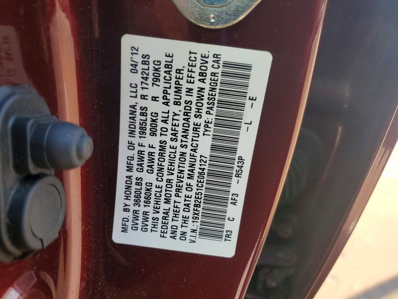 2012 Honda Civic Lx Maroon vin: 19XFB2E51CE064127