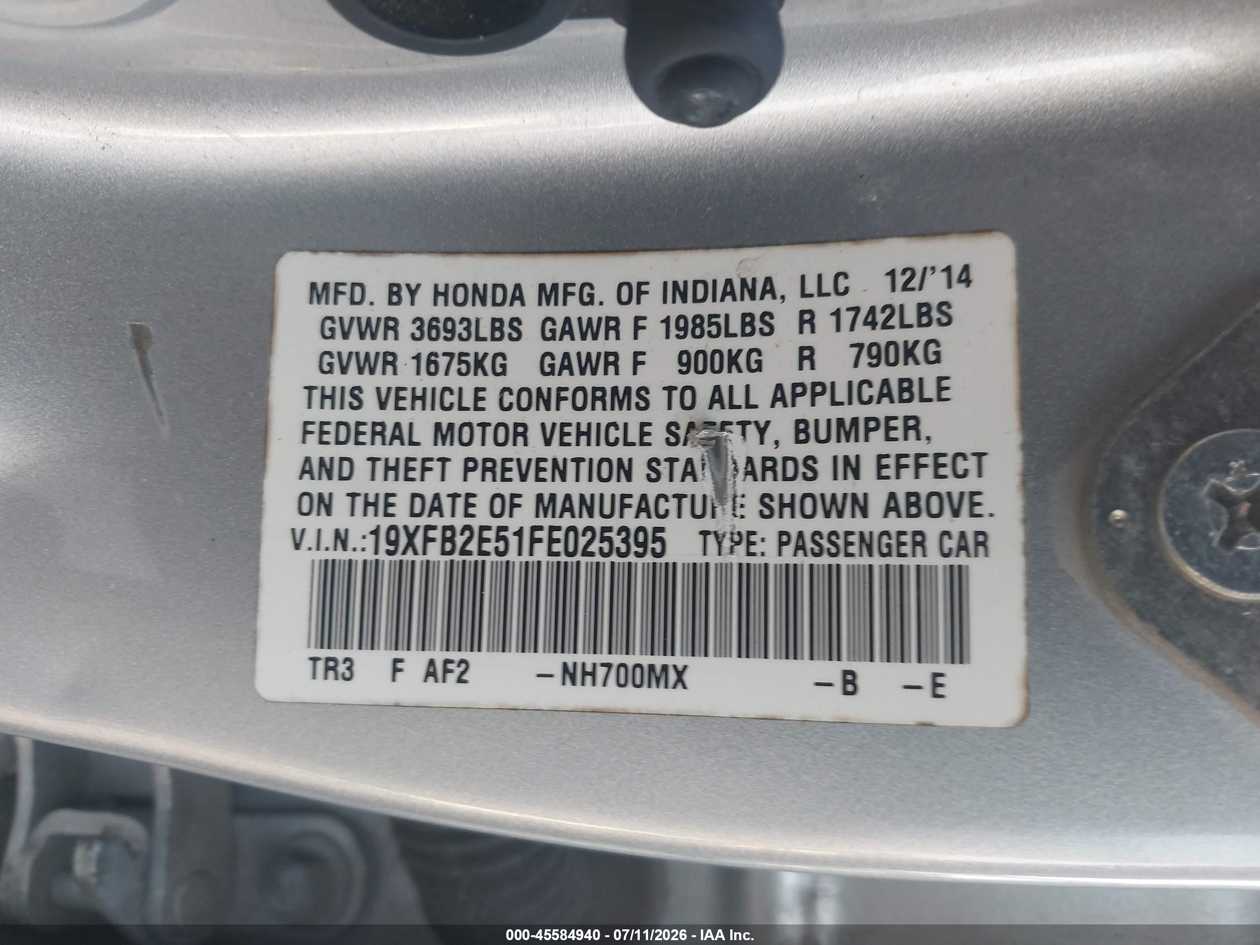 2015 Honda Civic Lx Gray vin: 19XFB2E51FE025395