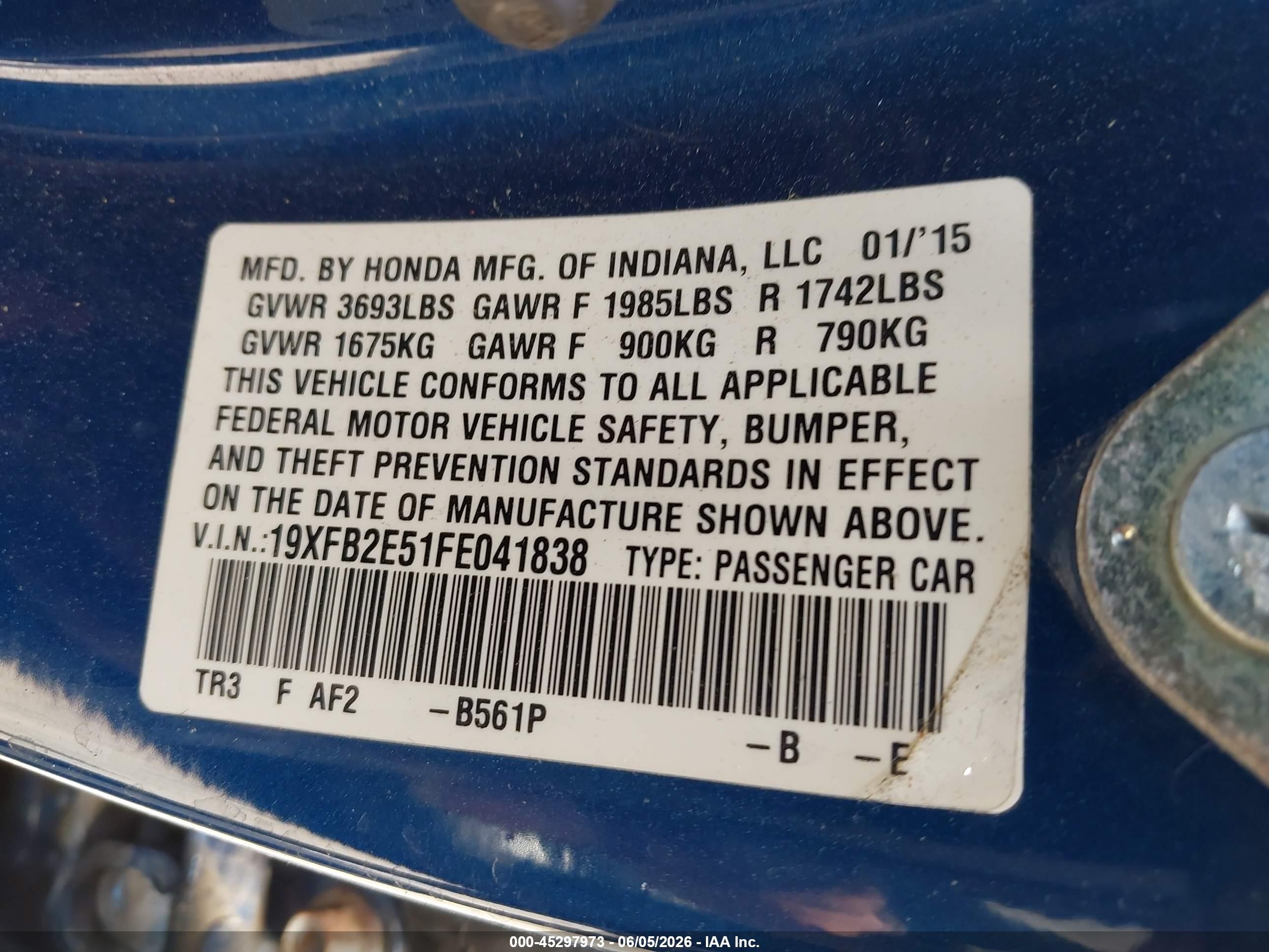 2015 Honda Civic Lx Blue vin: 19XFB2E51FE041838